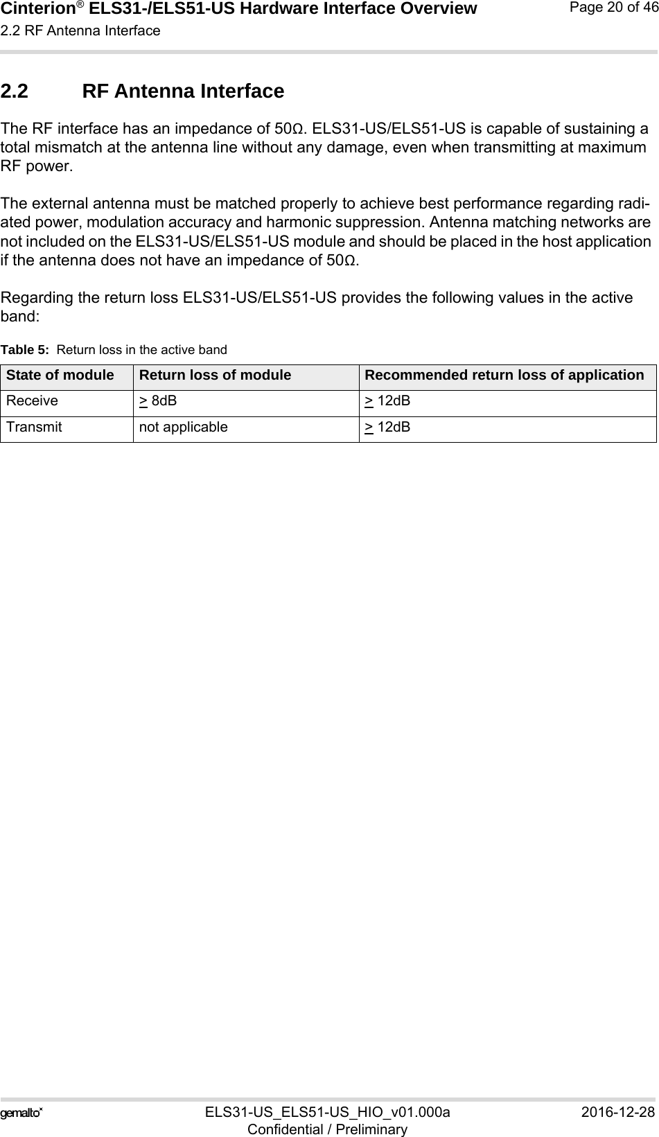 Cinterion® ELS31-/ELS51-US Hardware Interface Overview2.2 RF Antenna Interface29ELS31-US_ELS51-US_HIO_v01.000a 2016-12-28Confidential / PreliminaryPage 20 of 462.2 RF Antenna InterfaceThe RF interface has an impedance of 50Ω. ELS31-US/ELS51-US is capable of sustaining a total mismatch at the antenna line without any damage, even when transmitting at maximum RF power.The external antenna must be matched properly to achieve best performance regarding radi-ated power, modulation accuracy and harmonic suppression. Antenna matching networks are not included on the ELS31-US/ELS51-US module and should be placed in the host application if the antenna does not have an impedance of 50Ω.Regarding the return loss ELS31-US/ELS51-US provides the following values in the active band:Table 5:  Return loss in the active bandState of module Return loss of module Recommended return loss of applicationReceive &gt; 8dB &gt; 12dBTransmit not applicable  &gt; 12dB