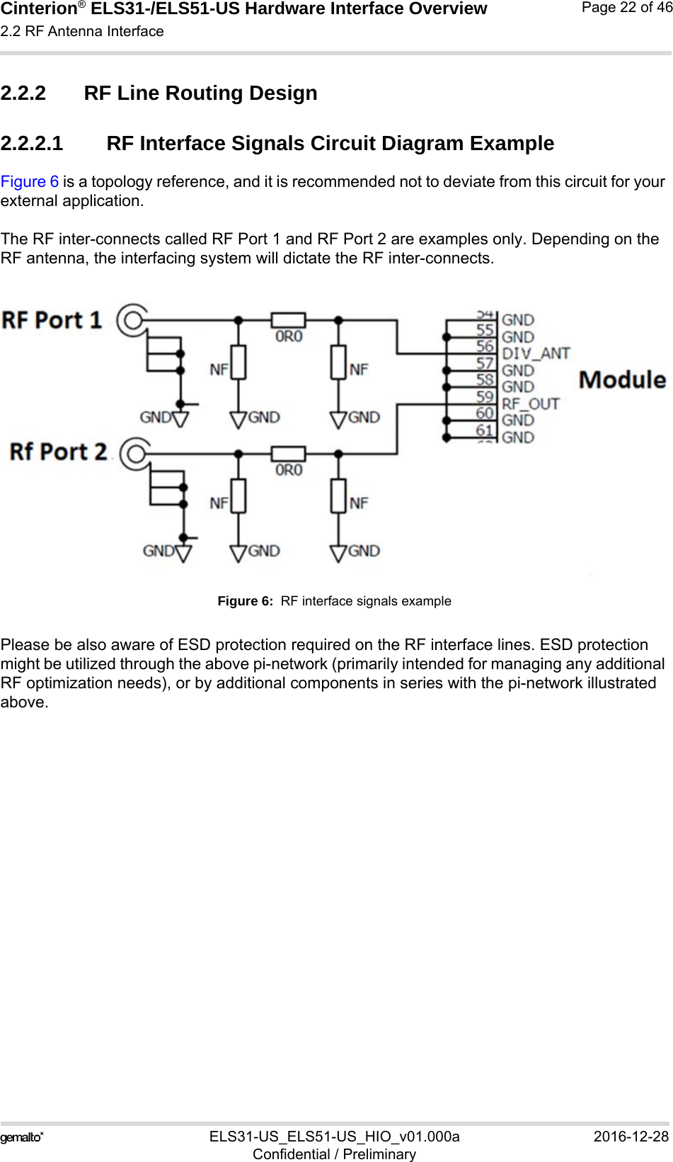 Cinterion® ELS31-/ELS51-US Hardware Interface Overview2.2 RF Antenna Interface29ELS31-US_ELS51-US_HIO_v01.000a 2016-12-28Confidential / PreliminaryPage 22 of 462.2.2 RF Line Routing Design2.2.2.1 RF Interface Signals Circuit Diagram ExampleFigure 6 is a topology reference, and it is recommended not to deviate from this circuit for your external application.The RF inter-connects called RF Port 1 and RF Port 2 are examples only. Depending on the RF antenna, the interfacing system will dictate the RF inter-connects.Figure 6:  RF interface signals examplePlease be also aware of ESD protection required on the RF interface lines. ESD protection might be utilized through the above pi-network (primarily intended for managing any additional RF optimization needs), or by additional components in series with the pi-network illustrated above. 