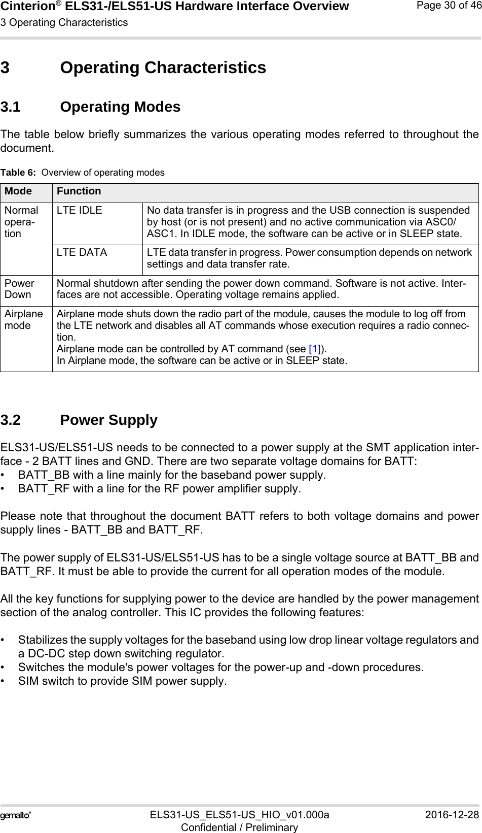 Cinterion® ELS31-/ELS51-US Hardware Interface Overview3 Operating Characteristics30ELS31-US_ELS51-US_HIO_v01.000a 2016-12-28Confidential / PreliminaryPage 30 of 463 Operating Characteristics3.1 Operating ModesThe table below briefly summarizes the various operating modes referred to throughout thedocument. 3.2 Power SupplyELS31-US/ELS51-US needs to be connected to a power supply at the SMT application inter-face - 2 BATT lines and GND. There are two separate voltage domains for BATT:• BATT_BB with a line mainly for the baseband power supply.• BATT_RF with a line for the RF power amplifier supply.Please note that throughout the document BATT refers to both voltage domains and powersupply lines - BATT_BB and BATT_RF.The power supply of ELS31-US/ELS51-US has to be a single voltage source at BATT_BB andBATT_RF. It must be able to provide the current for all operation modes of the module. All the key functions for supplying power to the device are handled by the power managementsection of the analog controller. This IC provides the following features:• Stabilizes the supply voltages for the baseband using low drop linear voltage regulators anda DC-DC step down switching regulator.• Switches the module&apos;s power voltages for the power-up and -down procedures.• SIM switch to provide SIM power supply.Table 6:  Overview of operating modesMode FunctionNormal opera-tionLTE IDLE No data transfer is in progress and the USB connection is suspended by host (or is not present) and no active communication via ASC0/ASC1. In IDLE mode, the software can be active or in SLEEP state.LTE DATA LTE data transfer in progress. Power consumption depends on network settings and data transfer rate. Power DownNormal shutdown after sending the power down command. Software is not active. Inter-faces are not accessible. Operating voltage remains applied.Airplane modeAirplane mode shuts down the radio part of the module, causes the module to log off from the LTE network and disables all AT commands whose execution requires a radio connec-tion.Airplane mode can be controlled by AT command (see [1]).In Airplane mode, the software can be active or in SLEEP state.