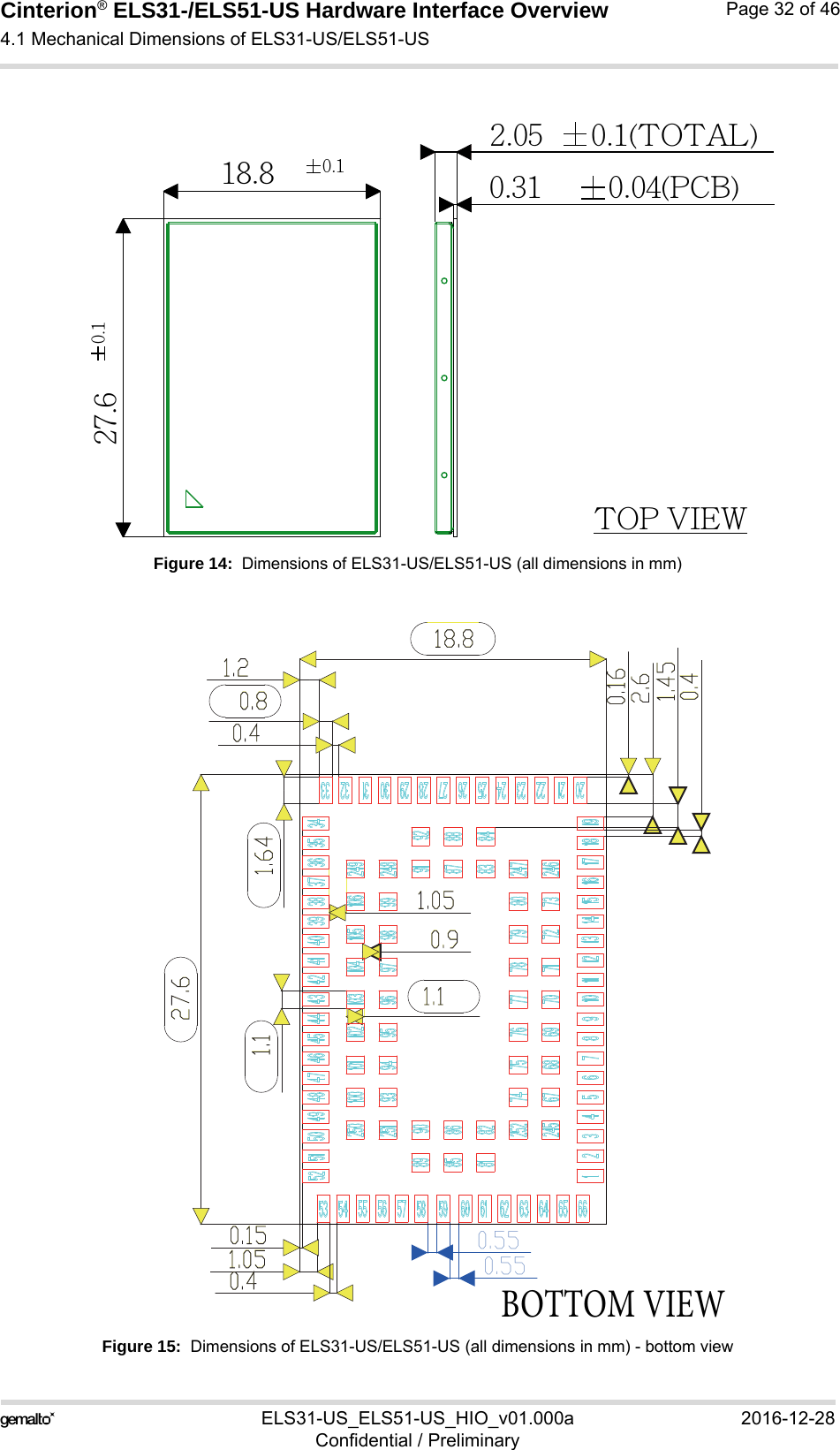 Cinterion® ELS31-/ELS51-US Hardware Interface Overview4.1 Mechanical Dimensions of ELS31-US/ELS51-US32ELS31-US_ELS51-US_HIO_v01.000a 2016-12-28Confidential / PreliminaryPage 32 of 46Figure 14:  Dimensions of ELS31-US/ELS51-US (all dimensions in mm)Figure 15:  Dimensions of ELS31-US/ELS51-US (all dimensions in mm) - bottom view0.118.80.127.60.31  0.04(PCB)2.05 0.1(TOTAL)TOP VIEW18.827.60.81.20.40.550.551.050.42.60.41.451.050.151.640.91.11.10.16#0550.7*&amp;8