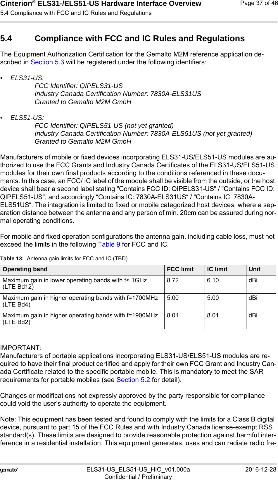 Cinterion® ELS31-/ELS51-US Hardware Interface Overview5.4 Compliance with FCC and IC Rules and Regulations38ELS31-US_ELS51-US_HIO_v01.000a 2016-12-28Confidential / PreliminaryPage 37 of 465.4 Compliance with FCC and IC Rules and RegulationsThe Equipment Authorization Certification for the Gemalto M2M reference application de-scribed in Section 5.3 will be registered under the following identifiers:• ELS31-US:FCC Identifier: QIPELS31-US Industry Canada Certification Number: 7830A-ELS31US Granted to Gemalto M2M GmbH • ELS51-US:FCC Identifier: QIPELS51-US (not yet granted)Industry Canada Certification Number: 7830A-ELS51US (not yet granted)Granted to Gemalto M2M GmbH Manufacturers of mobile or fixed devices incorporating ELS31-US/ELS51-US modules are au-thorized to use the FCC Grants and Industry Canada Certificates of the ELS31-US/ELS51-US modules for their own final products according to the conditions referenced in these docu-ments. In this case, an FCC/ IC label of the module shall be visible from the outside, or the host device shall bear a second label stating &quot;Contains FCC ID: QIPELS31-US&quot; / &quot;Contains FCC ID: QIPELS51-US&quot;, and accordingly “Contains IC: 7830A-ELS31US“ / “Contains IC: 7830A-ELS51US“. The integration is limited to fixed or mobile categorized host devices, where a sep-aration distance between the antenna and any person of min. 20cm can be assured during nor-mal operating conditions.For mobile and fixed operation configurations the antenna gain, including cable loss, must not exceed the limits in the following Table 9 for FCC and IC.IMPORTANT: Manufacturers of portable applications incorporating ELS31-US/ELS51-US modules are re-quired to have their final product certified and apply for their own FCC Grant and Industry Can-ada Certificate related to the specific portable mobile. This is mandatory to meet the SAR requirements for portable mobiles (see Section 5.2 for detail).Changes or modifications not expressly approved by the party responsible for compliance could void the user&apos;s authority to operate the equipment.Note: This equipment has been tested and found to comply with the limits for a Class B digital device, pursuant to part 15 of the FCC Rules and with Industry Canada license-exempt RSS standard(s). These limits are designed to provide reasonable protection against harmful inter-ference in a residential installation. This equipment generates, uses and can radiate radio fre-Table 13:  Antenna gain limits for FCC and IC (TBD)Operating band FCC limit IC limit UnitMaximum gain in lower operating bands with f&lt; 1GHz(LTE Bd12)8.72 6.10 dBiMaximum gain in higher operating bands with f=1700MHz(LTE Bd4)5.00 5.00 dBiMaximum gain in higher operating bands with f=1900MHz(LTE Bd2)8.01 8.01 dBi