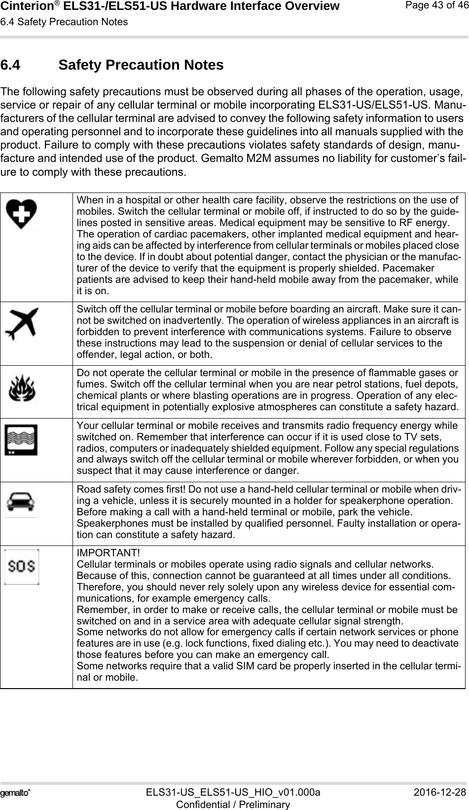 Cinterion® ELS31-/ELS51-US Hardware Interface Overview6.4 Safety Precaution Notes43ELS31-US_ELS51-US_HIO_v01.000a 2016-12-28Confidential / PreliminaryPage 43 of 466.4 Safety Precaution NotesThe following safety precautions must be observed during all phases of the operation, usage, service or repair of any cellular terminal or mobile incorporating ELS31-US/ELS51-US. Manu-facturers of the cellular terminal are advised to convey the following safety information to users and operating personnel and to incorporate these guidelines into all manuals supplied with the product. Failure to comply with these precautions violates safety standards of design, manu-facture and intended use of the product. Gemalto M2M assumes no liability for customer’s fail-ure to comply with these precautions.When in a hospital or other health care facility, observe the restrictions on the use of mobiles. Switch the cellular terminal or mobile off, if instructed to do so by the guide-lines posted in sensitive areas. Medical equipment may be sensitive to RF energy. The operation of cardiac pacemakers, other implanted medical equipment and hear-ing aids can be affected by interference from cellular terminals or mobiles placed close to the device. If in doubt about potential danger, contact the physician or the manufac-turer of the device to verify that the equipment is properly shielded. Pacemaker patients are advised to keep their hand-held mobile away from the pacemaker, while it is on. Switch off the cellular terminal or mobile before boarding an aircraft. Make sure it can-not be switched on inadvertently. The operation of wireless appliances in an aircraft is forbidden to prevent interference with communications systems. Failure to observe these instructions may lead to the suspension or denial of cellular services to the offender, legal action, or both.Do not operate the cellular terminal or mobile in the presence of flammable gases or fumes. Switch off the cellular terminal when you are near petrol stations, fuel depots, chemical plants or where blasting operations are in progress. Operation of any elec-trical equipment in potentially explosive atmospheres can constitute a safety hazard.Your cellular terminal or mobile receives and transmits radio frequency energy while switched on. Remember that interference can occur if it is used close to TV sets, radios, computers or inadequately shielded equipment. Follow any special regulations and always switch off the cellular terminal or mobile wherever forbidden, or when you suspect that it may cause interference or danger.Road safety comes first! Do not use a hand-held cellular terminal or mobile when driv-ing a vehicle, unless it is securely mounted in a holder for speakerphone operation. Before making a call with a hand-held terminal or mobile, park the vehicle. Speakerphones must be installed by qualified personnel. Faulty installation or opera-tion can constitute a safety hazard.IMPORTANT!Cellular terminals or mobiles operate using radio signals and cellular networks. Because of this, connection cannot be guaranteed at all times under all conditions. Therefore, you should never rely solely upon any wireless device for essential com-munications, for example emergency calls. Remember, in order to make or receive calls, the cellular terminal or mobile must be switched on and in a service area with adequate cellular signal strength. Some networks do not allow for emergency calls if certain network services or phone features are in use (e.g. lock functions, fixed dialing etc.). You may need to deactivate those features before you can make an emergency call.Some networks require that a valid SIM card be properly inserted in the cellular termi-nal or mobile.