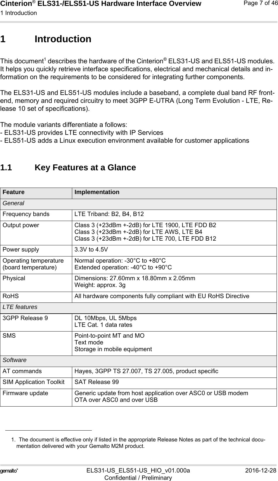 Cinterion® ELS31-/ELS51-US Hardware Interface Overview1 Introduction10ELS31-US_ELS51-US_HIO_v01.000a 2016-12-28Confidential / PreliminaryPage 7 of 461 IntroductionThis document1 describes the hardware of the Cinterion® ELS31-US and ELS51-US modules. It helps you quickly retrieve interface specifications, electrical and mechanical details and in-formation on the requirements to be considered for integrating further components.The ELS31-US and ELS51-US modules include a baseband, a complete dual band RF front-end, memory and required circuitry to meet 3GPP E-UTRA (Long Term Evolution - LTE, Re-lease 10 set of specifications).The module variants differentiate a follows:- ELS31-US provides LTE connectivity with IP Services- ELS51-US adds a Linux execution environment available for customer applications1.1 Key Features at a Glance1.  The document is effective only if listed in the appropriate Release Notes as part of the technical docu-mentation delivered with your Gemalto M2M product.Feature ImplementationGeneralFrequency bands LTE Triband: B2, B4, B12Output power  Class 3 (+23dBm +-2dB) for LTE 1900, LTE FDD B2Class 3 (+23dBm +-2dB) for LTE AWS, LTE B4Class 3 (+23dBm +-2dB) for LTE 700, LTE FDD B12Power supply 3.3V to 4.5VOperating temperature (board temperature)Normal operation: -30°C to +80°CExtended operation: -40°C to +90°CPhysical Dimensions: 27.60mm x 18.80mm x 2.05mmWeight: approx. 3gRoHS All hardware components fully compliant with EU RoHS DirectiveLTE features3GPP Release 9 DL 10Mbps, UL 5MbpsLTE Cat. 1 data ratesSMS Point-to-point MT and MOText modeStorage in mobile equipmentSoftwareAT commands Hayes, 3GPP TS 27.007, TS 27.005, product specificSIM Application Toolkit SAT Release 99Firmware update Generic update from host application over ASC0 or USB modemOTA over ASC0 and over USB