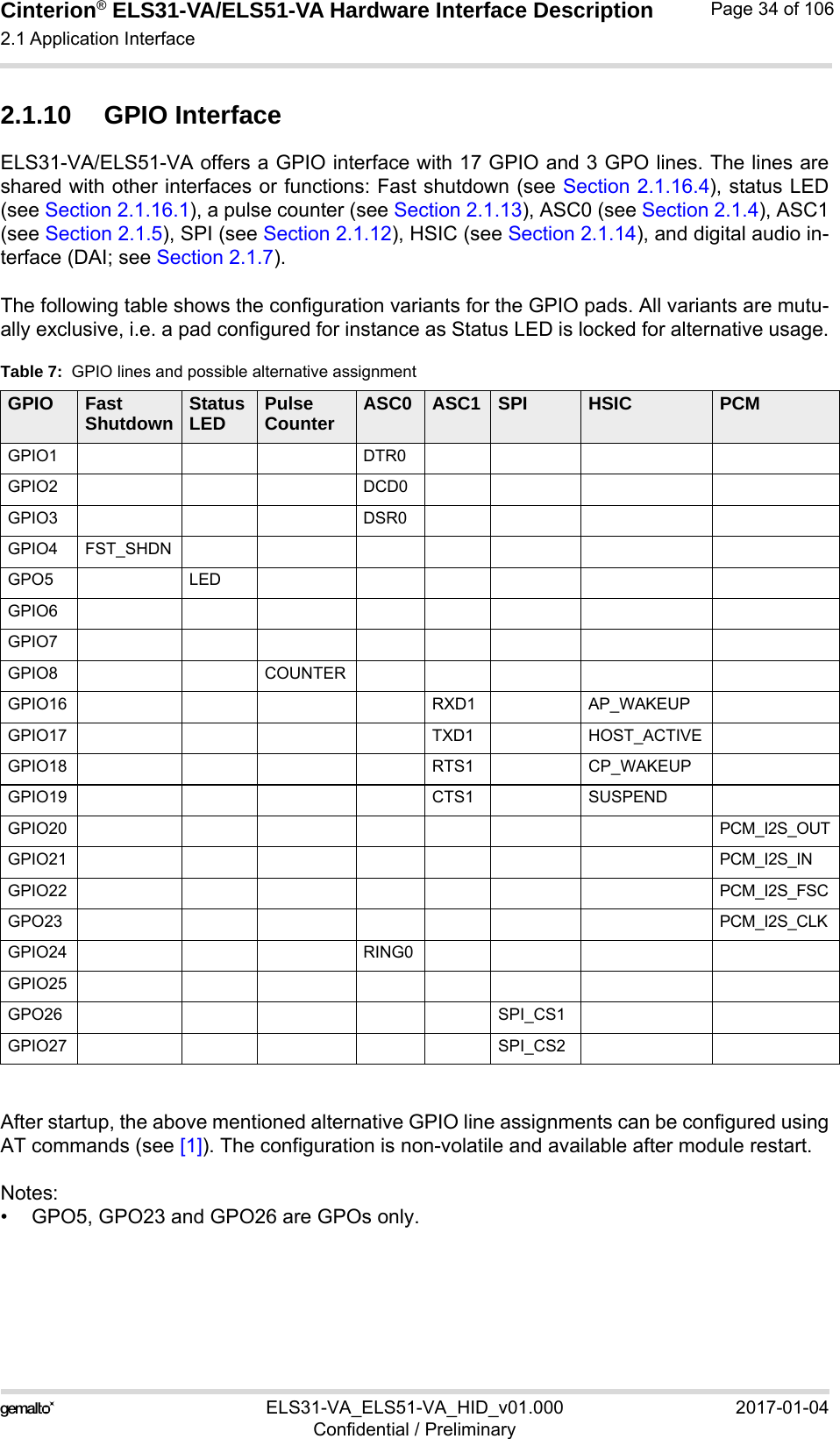 Cinterion® ELS31-VA/ELS51-VA Hardware Interface Description2.1 Application Interface56ELS31-VA_ELS51-VA_HID_v01.000 2017-01-04Confidential / PreliminaryPage 34 of 1062.1.10 GPIO InterfaceELS31-VA/ELS51-VA offers a GPIO interface with 17 GPIO and 3 GPO lines. The lines areshared with other interfaces or functions: Fast shutdown (see Section 2.1.16.4), status LED(see Section 2.1.16.1), a pulse counter (see Section 2.1.13), ASC0 (see Section 2.1.4), ASC1(see Section 2.1.5), SPI (see Section 2.1.12), HSIC (see Section 2.1.14), and digital audio in-terface (DAI; see Section 2.1.7).The following table shows the configuration variants for the GPIO pads. All variants are mutu-ally exclusive, i.e. a pad configured for instance as Status LED is locked for alternative usage.After startup, the above mentioned alternative GPIO line assignments can be configured usingAT commands (see [1]). The configuration is non-volatile and available after module restart.Notes:• GPO5, GPO23 and GPO26 are GPOs only.Table 7:  GPIO lines and possible alternative assignmentGPIO Fast Shutdown Status LED Pulse Counter ASC0 ASC1 SPI HSIC PCMGPIO1 DTR0GPIO2 DCD0GPIO3 DSR0GPIO4 FST_SHDNGPO5 LEDGPIO6GPIO7GPIO8 COUNTERGPIO16 RXD1 AP_WAKEUPGPIO17 TXD1 HOST_ACTIVEGPIO18 RTS1 CP_WAKEUPGPIO19 CTS1 SUSPENDGPIO20 PCM_I2S_OUTGPIO21 PCM_I2S_INGPIO22 PCM_I2S_FSCGPO23 PCM_I2S_CLKGPIO24 RING0GPIO25GPO26 SPI_CS1GPIO27 SPI_CS2