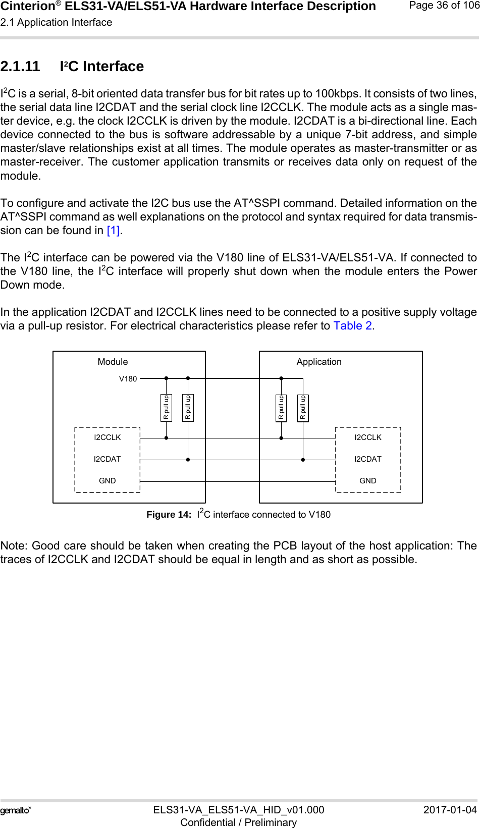 Cinterion® ELS31-VA/ELS51-VA Hardware Interface Description2.1 Application Interface56ELS31-VA_ELS51-VA_HID_v01.000 2017-01-04Confidential / PreliminaryPage 36 of 1062.1.11 I2C InterfaceI2C is a serial, 8-bit oriented data transfer bus for bit rates up to 100kbps. It consists of two lines,the serial data line I2CDAT and the serial clock line I2CCLK. The module acts as a single mas-ter device, e.g. the clock I2CCLK is driven by the module. I2CDAT is a bi-directional line. Eachdevice connected to the bus is software addressable by a unique 7-bit address, and simplemaster/slave relationships exist at all times. The module operates as master-transmitter or asmaster-receiver. The customer application transmits or receives data only on request of themodule.To configure and activate the I2C bus use the AT^SSPI command. Detailed information on theAT^SSPI command as well explanations on the protocol and syntax required for data transmis-sion can be found in [1].The I2C interface can be powered via the V180 line of ELS31-VA/ELS51-VA. If connected tothe V180 line, the I2C interface will properly shut down when the module enters the PowerDown mode.In the application I2CDAT and I2CCLK lines need to be connected to a positive supply voltagevia a pull-up resistor. For electrical characteristics please refer to Table 2.Figure 14:  I2C interface connected to V180Note: Good care should be taken when creating the PCB layout of the host application: Thetraces of I2CCLK and I2CDAT should be equal in length and as short as possible.I2CCLKI2CDATGNDI2CCLKI2CDATGNDModule ApplicationV180R pull upR pull upR pull upR pull up