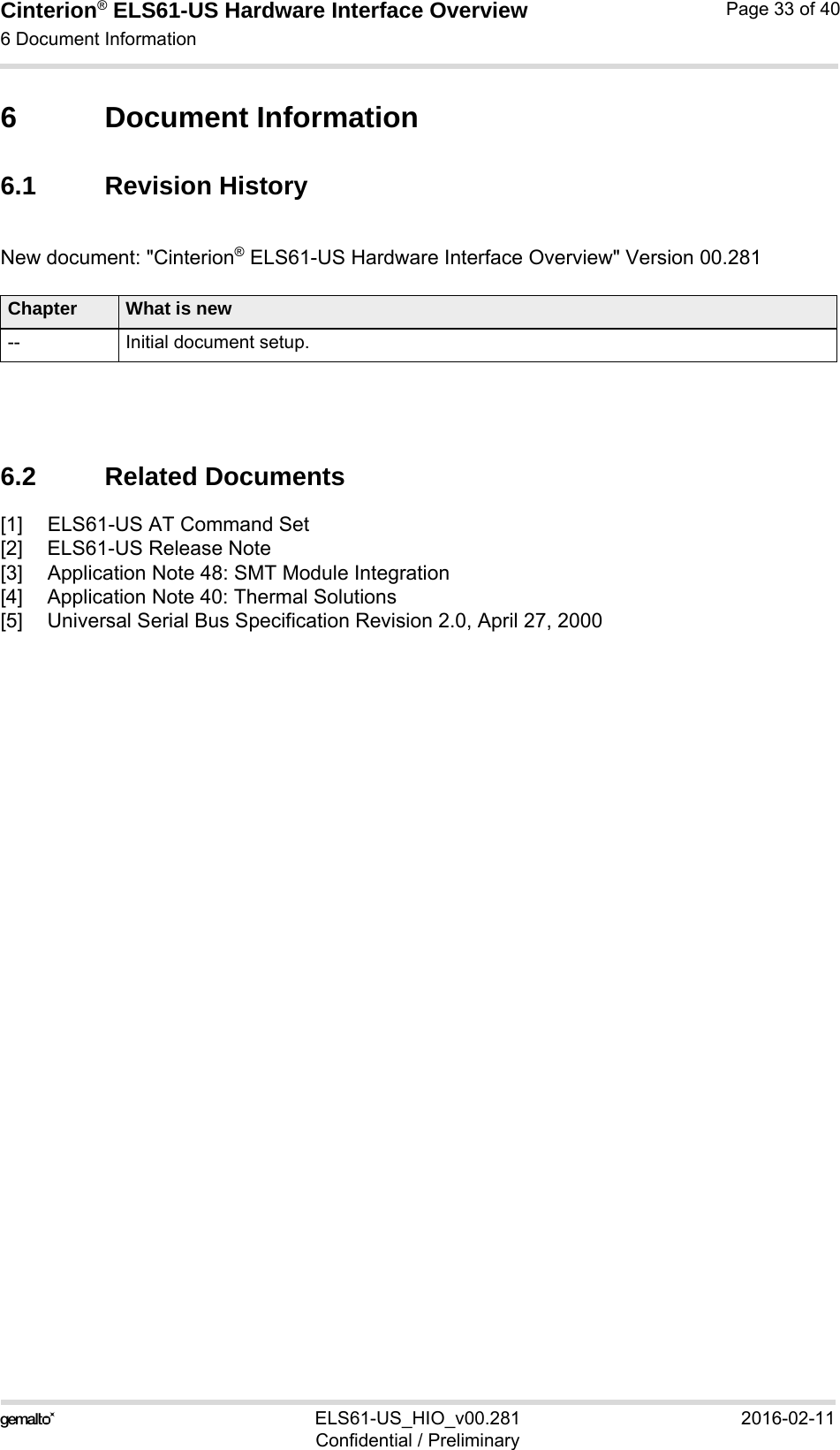 Cinterion® ELS61-US Hardware Interface Overview6 Document Information37ELS61-US_HIO_v00.281 2016-02-11Confidential / PreliminaryPage 33 of 406 Document Information6.1 Revision HistoryNew document: &quot;Cinterion® ELS61-US Hardware Interface Overview&quot; Version 00.2816.2 Related Documents[1] ELS61-US AT Command Set[2] ELS61-US Release Note[3] Application Note 48: SMT Module Integration[4] Application Note 40: Thermal Solutions[5] Universal Serial Bus Specification Revision 2.0, April 27, 2000Chapter What is new-- Initial document setup.