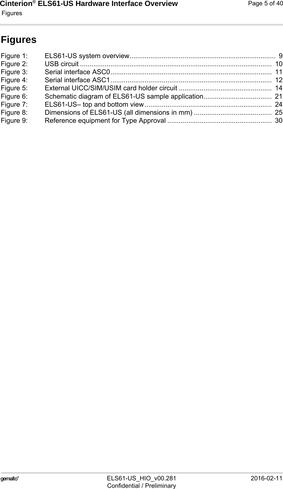 Cinterion® ELS61-US Hardware Interface Overview Figures114ELS61-US_HIO_v00.281 2016-02-11Confidential / PreliminaryPage 5 of 40FiguresFigure 1: ELS61-US system overview.............................................................................  9Figure 2: USB circuit .....................................................................................................  10Figure 3: Serial interface ASC0.....................................................................................  11Figure 4: Serial interface ASC1.....................................................................................  12Figure 5: External UICC/SIM/USIM card holder circuit .................................................  14Figure 6: Schematic diagram of ELS61-US sample application....................................  21Figure 7: ELS61-US– top and bottom view...................................................................  24Figure 8: Dimensions of ELS61-US (all dimensions in mm) .........................................  25Figure 9: Reference equipment for Type Approval .......................................................  30