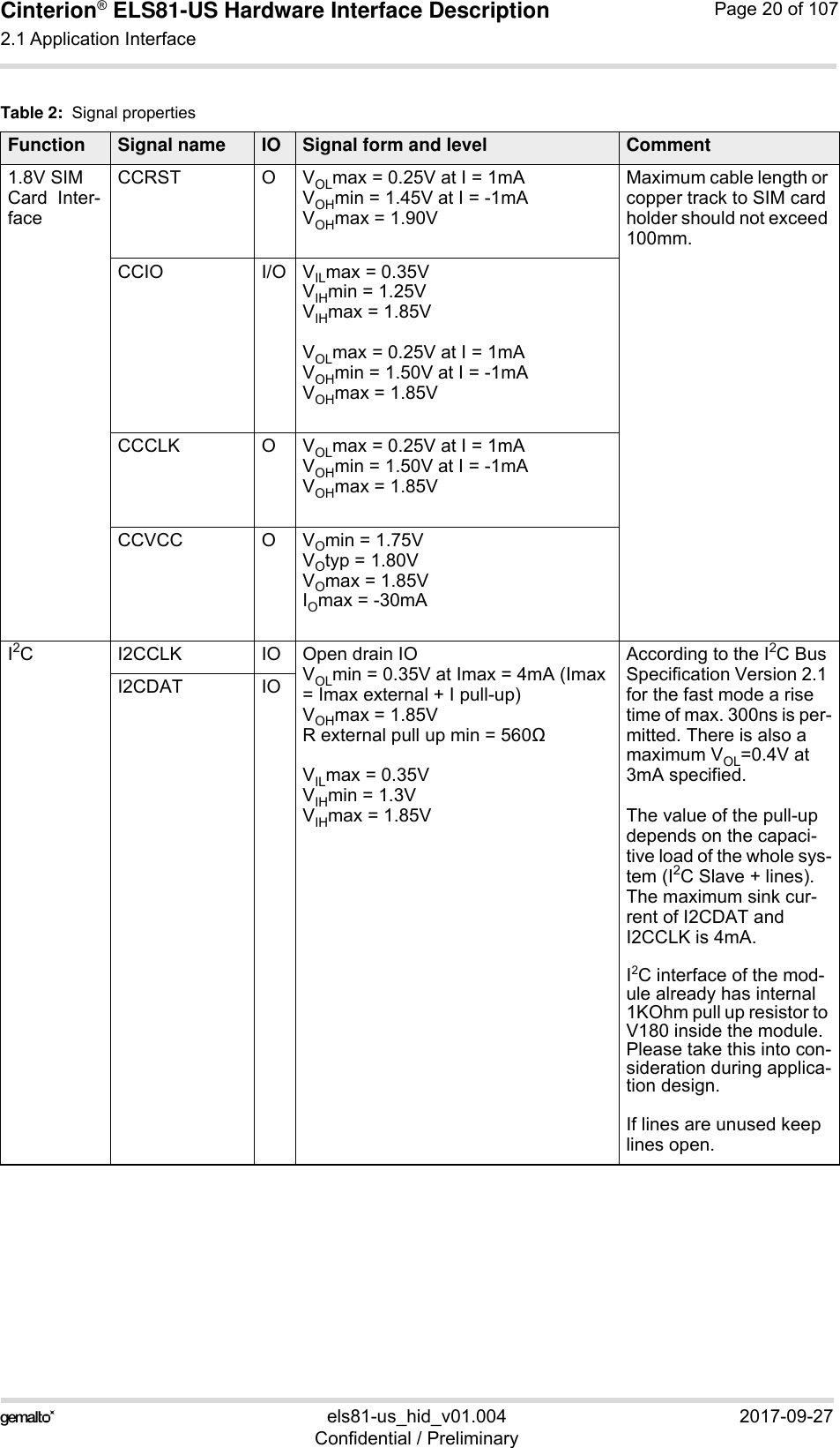 Cinterion® ELS81-US Hardware Interface Description2.1 Application Interface53els81-us_hid_v01.004 2017-09-27Confidential / PreliminaryPage 20 of 1071.8V SIM Card  Inter-faceCCRST O VOLmax = 0.25V at I = 1mAVOHmin = 1.45V at I = -1mAVOHmax = 1.90VMaximum cable length or copper track to SIM card holder should not exceed 100mm.CCIO I/O VILmax = 0.35VVIHmin = 1.25VVIHmax = 1.85VVOLmax = 0.25V at I = 1mAVOHmin = 1.50V at I = -1mAVOHmax = 1.85VCCCLK O VOLmax = 0.25V at I = 1mAVOHmin = 1.50V at I = -1mAVOHmax = 1.85VCCVCC O VOmin = 1.75V VOtyp = 1.80VVOmax = 1.85VIOmax = -30mAI2C I2CCLK IO Open drain IOVOLmin = 0.35V at Imax = 4mA (Imax = Imax external + I pull-up)VOHmax = 1.85VR external pull up min = 560VILmax = 0.35VVIHmin = 1.3VVIHmax = 1.85VAccording to the I2C Bus Specification Version 2.1 for the fast mode a rise time of max. 300ns is per-mitted. There is also a maximum VOL=0.4V at 3mA specified.The value of the pull-up depends on the capaci-tive load of the whole sys-tem (I2C Slave + lines). The maximum sink cur-rent of I2CDAT and I2CCLK is 4mA.I2C interface of the mod-ule already has internal 1KOhm pull up resistor to V180 inside the module. Please take this into con-sideration during applica-tion design. If lines are unused keep lines open.I2CDAT IOTable 2:  Signal propertiesFunction Signal name IO Signal form and level Comment