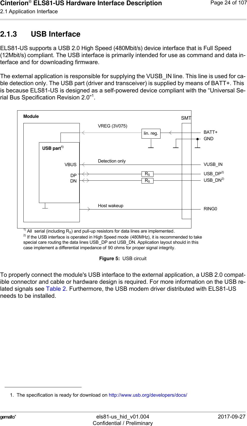 Cinterion® ELS81-US Hardware Interface Description2.1 Application Interface53els81-us_hid_v01.004 2017-09-27Confidential / PreliminaryPage 24 of 1072.1.3 USB InterfaceELS81-US supports a USB 2.0 High Speed (480Mbit/s) device interface that is Full Speed (12Mbit/s) compliant. The USB interface is primarily intended for use as command and data in-terface and for downloading firmware. The external application is responsible for supplying the VUSB_IN line. This line is used for ca-ble detection only. The USB part (driver and transceiver) is supplied by means of BATT+. This is because ELS81-US is designed as a self-powered device compliant with the “Universal Se-rial Bus Specification Revision 2.0”1.Figure 5:  USB circuitTo properly connect the module&apos;s USB interface to the external application, a USB 2.0 compat-ible connector and cable or hardware design is required. For more information on the USB re-lated signals see Table 2. Furthermore, the USB modem driver distributed with ELS81-US needs to be installed.1.  The specification is ready for download on http://www.usb.org/developers/docs/VBUSDPDNVREG (3V075)BATT+USB_DP2)lin. reg.GNDModuleDetection only VUSB_INUSB part1)RING0Host wakeup1) All  serial (including RS) and pull-up resistors for data lines are implemented.USB_DN2)2) If the USB interface is operated in High Speed mode  (480MHz), it is recommended to take special care routing the data lines USB_DP and USB_DN. Application layout should in this case implement a differential impedance of 90 ohms for proper signal integrity.RSRSSMT