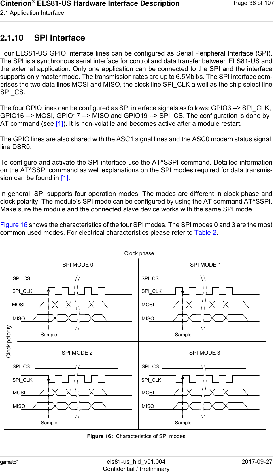 Cinterion® ELS81-US Hardware Interface Description2.1 Application Interface53els81-us_hid_v01.004 2017-09-27Confidential / PreliminaryPage 38 of 1072.1.10 SPI InterfaceFour ELS81-US GPIO interface lines can be configured as Serial Peripheral Interface (SPI).The SPI is a synchronous serial interface for control and data transfer between ELS81-US andthe external application. Only one application can be connected to the SPI and the interfacesupports only master mode. The transmission rates are up to 6.5Mbit/s. The SPI interface com-prises the two data lines MOSI and MISO, the clock line SPI_CLK a well as the chip select lineSPI_CS.The four GPIO lines can be configured as SPI interface signals as follows: GPIO3 --&gt; SPI_CLK, GPIO16 --&gt; MOSI, GPIO17 --&gt; MISO and GPIO19 --&gt; SPI_CS. The configuration is done by AT command (see [1]). It is non-volatile and becomes active after a module restart.The GPIO lines are also shared with the ASC1 signal lines and the ASC0 modem status signal line DSR0.To configure and activate the SPI interface use the AT^SSPI command. Detailed informationon the AT^SSPI command as well explanations on the SPI modes required for data transmis-sion can be found in [1].In general, SPI supports four operation modes. The modes are different in clock phase andclock polarity. The module’s SPI mode can be configured by using the AT command AT^SSPI.Make sure the module and the connected slave device works with the same SPI mode.Figure 16 shows the characteristics of the four SPI modes. The SPI modes 0 and 3 are the mostcommon used modes. For electrical characteristics please refer to Table 2.Figure 16:  Characteristics of SPI modesSPI MODE 0 SPI MODE 1SPI MODE 2 SPI MODE 3Clock phaseClock polaritySPI_CSMOSISPI_CLKMISOSPI_CSMOSISPI_CLKMISOSPI_CSMOSISPI_CLKMISOSPI_CSMOSISPI_CLKMISOSample SampleSample Sample