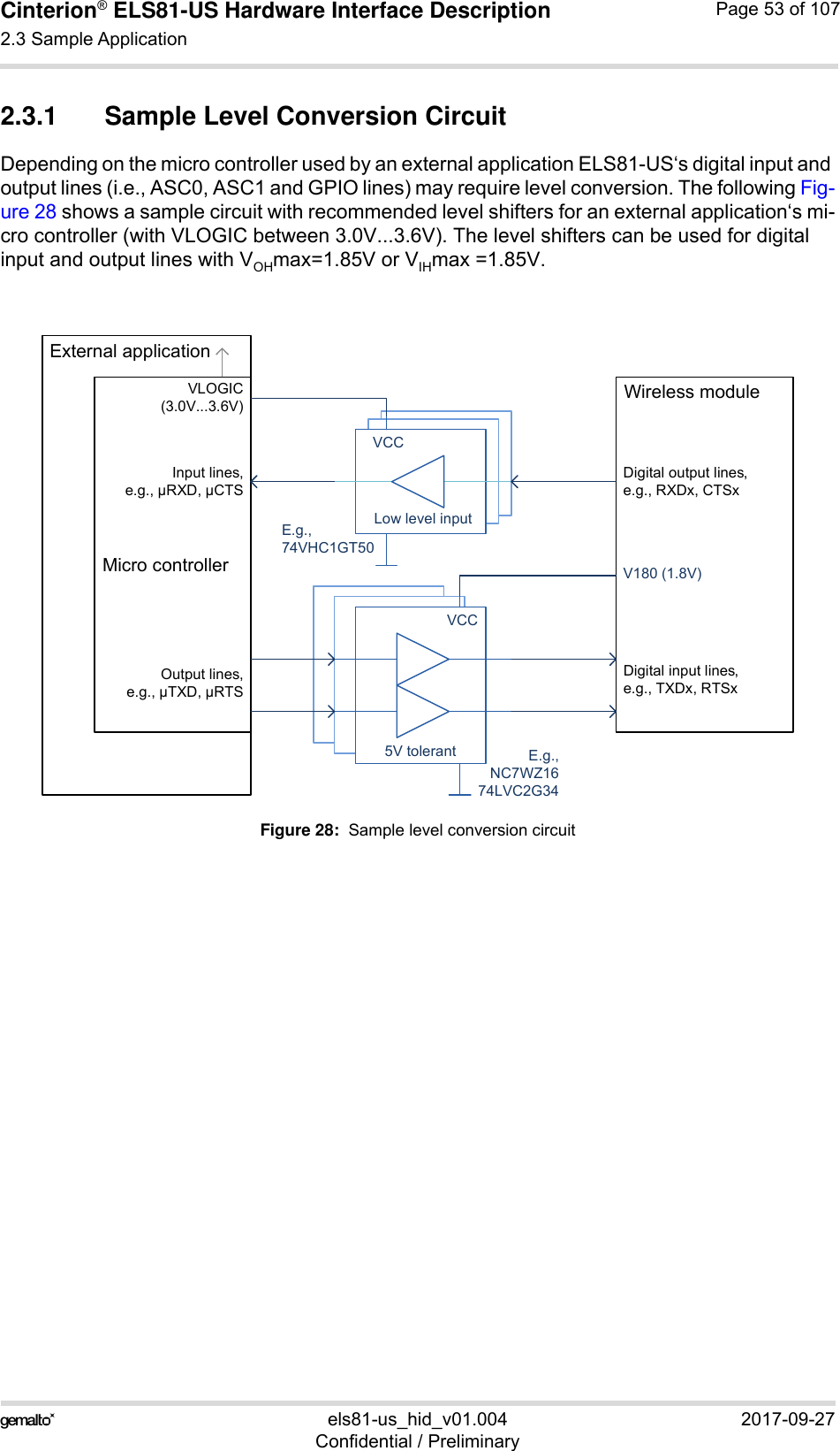 Cinterion® ELS81-US Hardware Interface Description2.3 Sample Application53els81-us_hid_v01.004 2017-09-27Confidential / PreliminaryPage 53 of 1072.3.1 Sample Level Conversion CircuitDepending on the micro controller used by an external application ELS81-US‘s digital input and output lines (i.e., ASC0, ASC1 and GPIO lines) may require level conversion. The following Fig-ure 28 shows a sample circuit with recommended level shifters for an external application‘s mi-cro controller (with VLOGIC between 3.0V...3.6V). The level shifters can be used for digital input and output lines with VOHmax=1.85V or VIHmax =1.85V.Figure 28:  Sample level conversion circuit5V tolerarant5V tolerarantLow level inputLow level inputLow level inputVCC5V tolerantVCCE.g.,74VHC1GT50E.g.,NC7WZ1674LVC2G34External applicationMicro controllerVLOGIC(3.0V...3.6V)Input lines,e.g., µRXD, µCTSOutput lines,e.g., µTXD, µRTSV180 (1.8V)Digital output lines,e.g., RXDx, CTSxWireless moduleDigital input lines,e.g., TXDx, RTSx