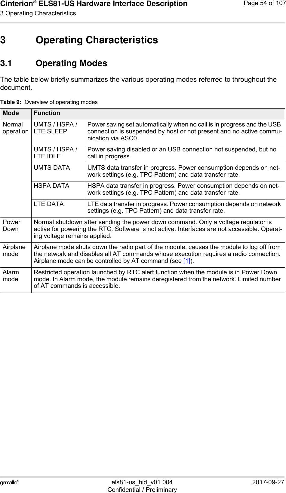 Cinterion® ELS81-US Hardware Interface Description3 Operating Characteristics77els81-us_hid_v01.004 2017-09-27Confidential / PreliminaryPage 54 of 1073 Operating Characteristics3.1 Operating ModesThe table below briefly summarizes the various operating modes referred to throughout the document.Table 9:  Overview of operating modesMode FunctionNormal operationUMTS / HSPA / LTE SLEEPPower saving set automatically when no call is in progress and the USB connection is suspended by host or not present and no active commu-nication via ASC0. UMTS / HSPA / LTE IDLEPower saving disabled or an USB connection not suspended, but no call in progress.UMTS DATA UMTS data transfer in progress. Power consumption depends on net-work settings (e.g. TPC Pattern) and data transfer rate.HSPA DATA HSPA data transfer in progress. Power consumption depends on net-work settings (e.g. TPC Pattern) and data transfer rate.LTE DATA LTE data transfer in progress. Power consumption depends on network settings (e.g. TPC Pattern) and data transfer rate.Power DownNormal shutdown after sending the power down command. Only a voltage regulator is active for powering the RTC. Software is not active. Interfaces are not accessible. Operat-ing voltage remains applied.Airplane modeAirplane mode shuts down the radio part of the module, causes the module to log off from the network and disables all AT commands whose execution requires a radio connection.Airplane mode can be controlled by AT command (see [1]).Alarm modeRestricted operation launched by RTC alert function when the module is in Power Down mode. In Alarm mode, the module remains deregistered from the network. Limited number of AT commands is accessible.