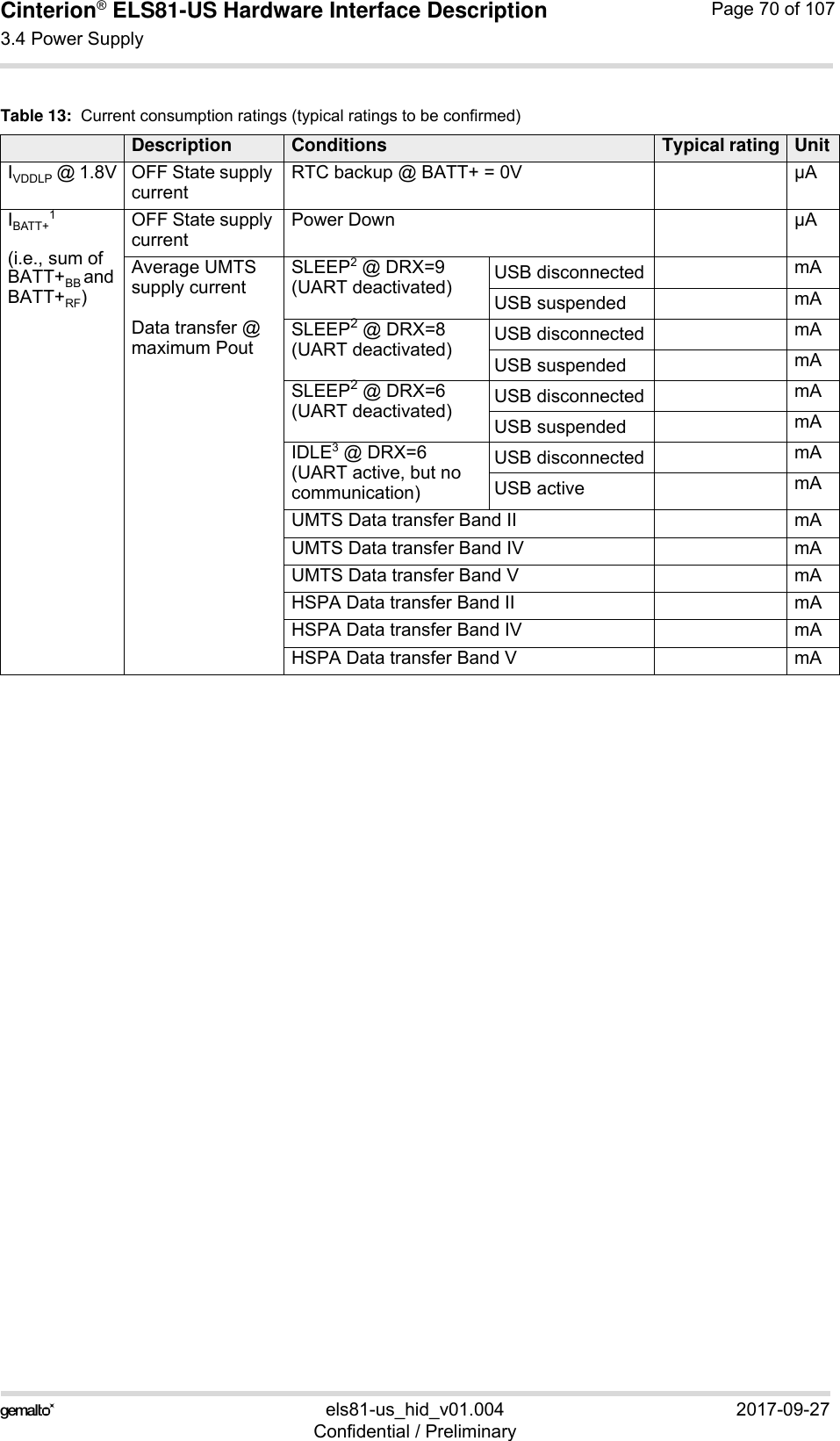 Cinterion® ELS81-US Hardware Interface Description3.4 Power Supply77els81-us_hid_v01.004 2017-09-27Confidential / PreliminaryPage 70 of 107Table 13:  Current consumption ratings (typical ratings to be confirmed)Description Conditions Typical rating UnitIVDDLP @ 1.8V OFF State supply current RTC backup @ BATT+ = 0V µAIBATT+1(i.e., sum ofBATT+BB and BATT+RF) OFF State supply current Power Down µAAverage UMTS supply currentData transfer @ maximum PoutSLEEP2 @ DRX=9(UART deactivated) USB disconnected mAUSB suspended mASLEEP2 @ DRX=8(UART deactivated) USB disconnected mAUSB suspended mASLEEP2 @ DRX=6(UART deactivated) USB disconnected mAUSB suspended mAIDLE3 @ DRX=6(UART active, but no communication) USB disconnected mAUSB active mAUMTS Data transfer Band II mAUMTS Data transfer Band IV mAUMTS Data transfer Band V mAHSPA Data transfer Band II mAHSPA Data transfer Band IV mAHSPA Data transfer Band V mA