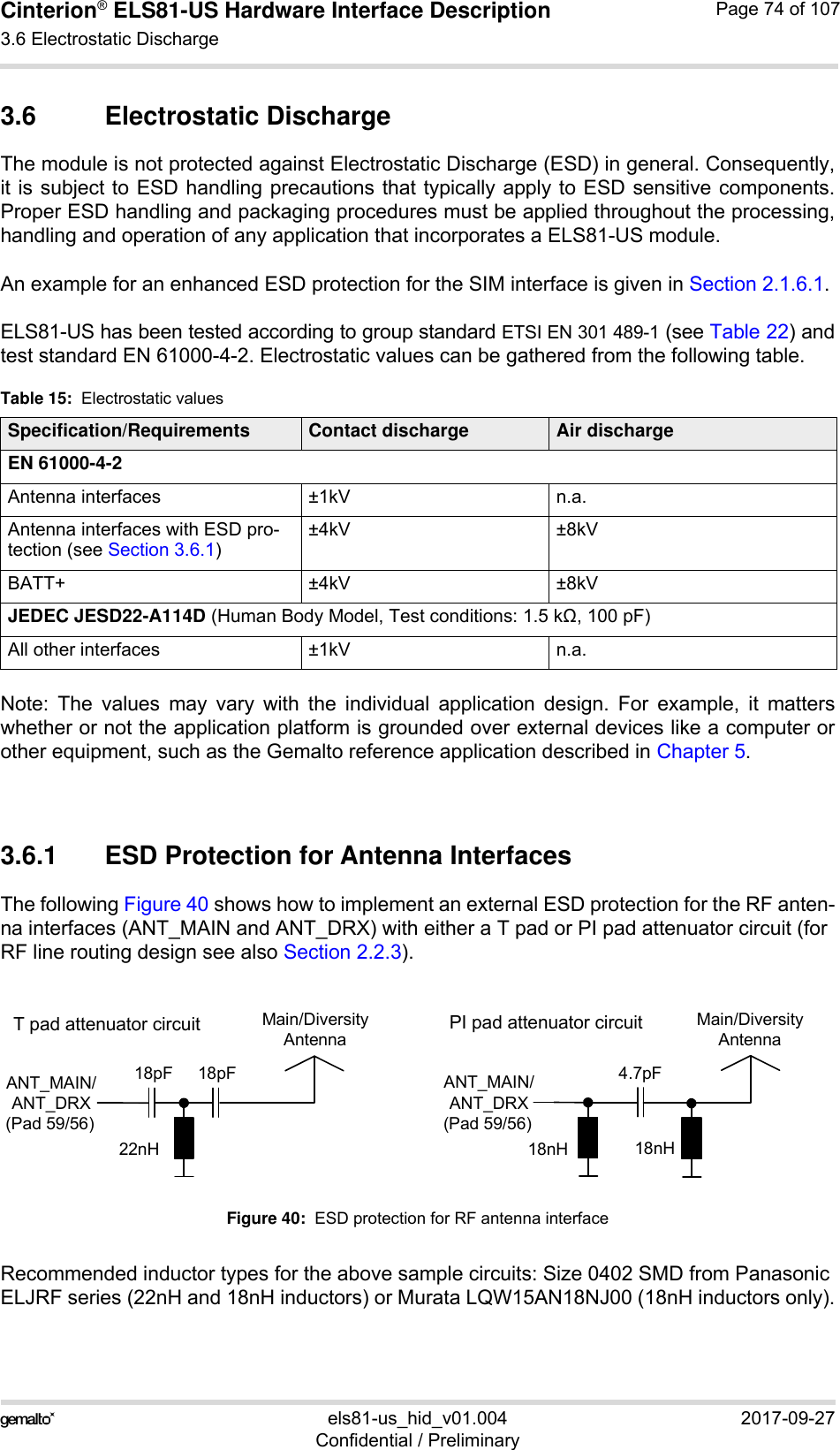 Cinterion® ELS81-US Hardware Interface Description3.6 Electrostatic Discharge77els81-us_hid_v01.004 2017-09-27Confidential / PreliminaryPage 74 of 1073.6 Electrostatic DischargeThe module is not protected against Electrostatic Discharge (ESD) in general. Consequently,it is subject to ESD handling precautions that typically apply to ESD sensitive components.Proper ESD handling and packaging procedures must be applied throughout the processing,handling and operation of any application that incorporates a ELS81-US module.An example for an enhanced ESD protection for the SIM interface is given in Section 2.1.6.1.ELS81-US has been tested according to group standard ETSI EN 301 489-1 (see Table 22) andtest standard EN 61000-4-2. Electrostatic values can be gathered from the following table.Note: The values may vary with the individual application design. For example, it matterswhether or not the application platform is grounded over external devices like a computer orother equipment, such as the Gemalto reference application described in Chapter 5.3.6.1 ESD Protection for Antenna InterfacesThe following Figure 40 shows how to implement an external ESD protection for the RF anten-na interfaces (ANT_MAIN and ANT_DRX) with either a T pad or PI pad attenuator circuit (for RF line routing design see also Section 2.2.3).Figure 40:  ESD protection for RF antenna interfaceRecommended inductor types for the above sample circuits: Size 0402 SMD from Panasonic ELJRF series (22nH and 18nH inductors) or Murata LQW15AN18NJ00 (18nH inductors only).Table 15:  Electrostatic valuesSpecification/Requirements Contact discharge Air dischargeEN 61000-4-2Antenna interfaces ±1kV n.a.Antenna interfaces with ESD pro-tection (see Section 3.6.1)±4kV ±8kVBATT+ ±4kV ±8kVJEDEC JESD22-A114D (Human Body Model, Test conditions: 1.5 k, 100 pF)All other interfaces ±1kV n.a.Main/Diversity Antenna18pF22nHANT_MAIN/ANT_DRX(Pad 59/56)18pFT pad attenuator circuitMain/Diversity Antenna18nHANT_MAIN/ANT_DRX(Pad 59/56)4.7pFPI pad attenuator circuit18nH