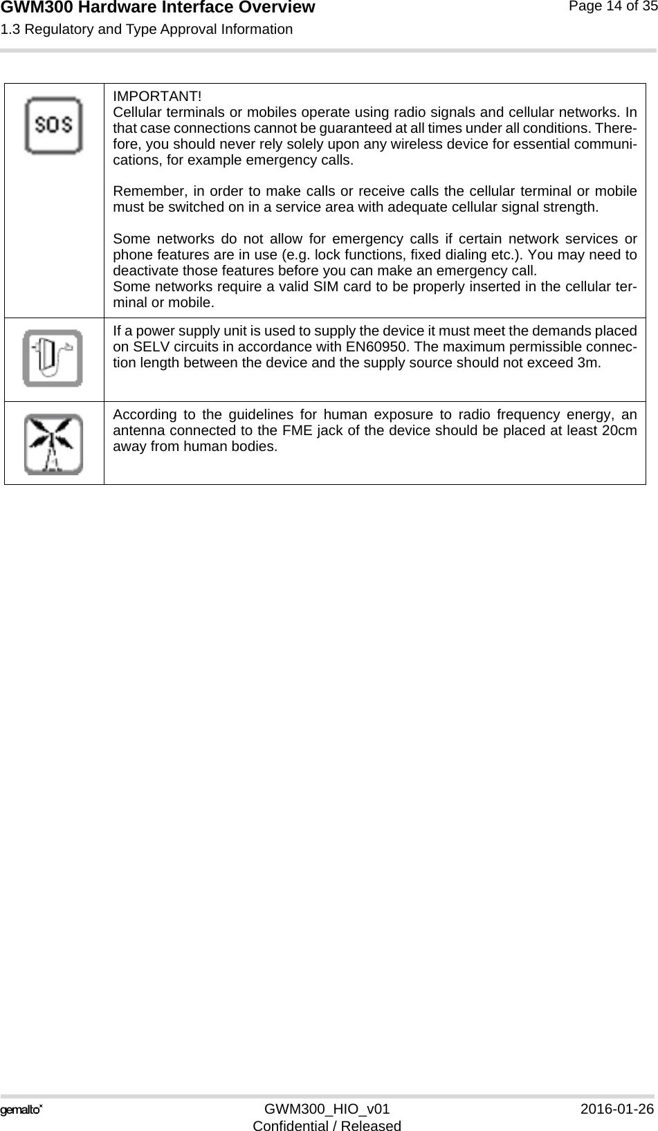 GWM300 Hardware Interface Overview1.3 Regulatory and Type Approval Information15GWM300_HIO_v01 2016-01-26Confidential / ReleasedPage 14 of 35IMPORTANT!Cellular terminals or mobiles operate using radio signals and cellular networks. Inthat case connections cannot be guaranteed at all times under all conditions. There-fore, you should never rely solely upon any wireless device for essential communi-cations, for example emergency calls. Remember, in order to make calls or receive calls the cellular terminal or mobilemust be switched on in a service area with adequate cellular signal strength. Some networks do not allow for emergency calls if certain network services orphone features are in use (e.g. lock functions, fixed dialing etc.). You may need todeactivate those features before you can make an emergency call.Some networks require a valid SIM card to be properly inserted in the cellular ter-minal or mobile.If a power supply unit is used to supply the device it must meet the demands placedon SELV circuits in accordance with EN60950. The maximum permissible connec-tion length between the device and the supply source should not exceed 3m.According to the guidelines for human exposure to radio frequency energy, anantenna connected to the FME jack of the device should be placed at least 20cmaway from human bodies.