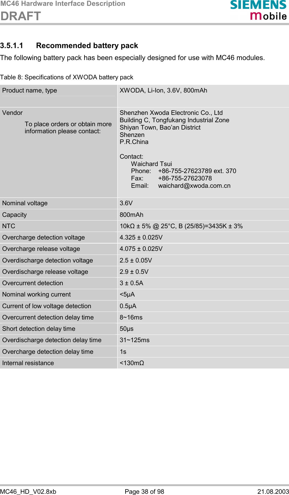 MC46 Hardware Interface Description DRAFT      MC46_HD_V02.8xb  Page 38 of 98  21.08.2003 3.5.1.1  Recommended battery pack The following battery pack has been especially designed for use with MC46 modules.   Table 8: Specifications of XWODA battery pack Product name, type  XWODA, Li-Ion, 3.6V, 800mAh  Vendor    To place orders or obtain more information please contact: Shenzhen Xwoda Electronic Co., Ltd Building C, Tongfukang Industrial Zone Shiyan Town, Bao’an District Shenzen P.R.China  Contact:   Waichard Tsui   Phone:   +86-755-27623789 ext. 370  Fax:   +86-755-27623078  Email: waichard@xwoda.com.cn  Nominal voltage  3.6V Capacity  800mAh NTC  10k&quot; ± 5% @ 25°C, B (25/85)=3435K ± 3% Overcharge detection voltage  4.325 ± 0.025V Overcharge release voltage  4.075 ± 0.025V Overdischarge detection voltage  2.5 ± 0.05V Overdischarge release voltage  2.9 ± 0.5V Overcurrent detection  3 ± 0.5A Nominal working current  &lt;5µA Current of low voltage detection  0.5µA Overcurrent detection delay time  8~16ms Short detection delay time  50µs Overdischarge detection delay time  31~125ms Overcharge detection delay time  1s Internal resistance  &lt;130m&quot;   