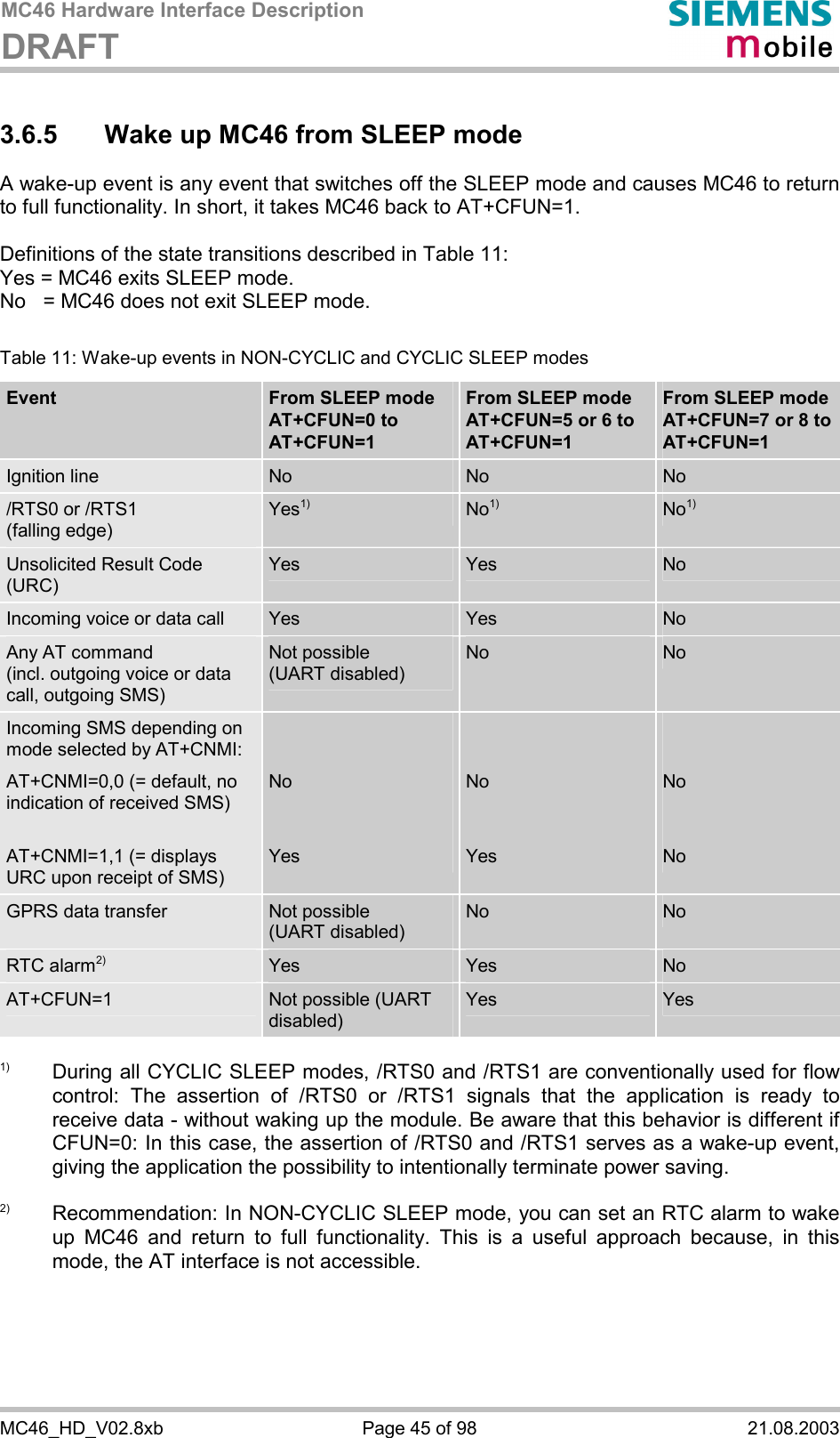 MC46 Hardware Interface Description DRAFT      MC46_HD_V02.8xb  Page 45 of 98  21.08.2003 3.6.5  Wake up MC46 from SLEEP mode A wake-up event is any event that switches off the SLEEP mode and causes MC46 to return to full functionality. In short, it takes MC46 back to AT+CFUN=1.   Definitions of the state transitions described in Table 11: Yes = MC46 exits SLEEP mode. No   = MC46 does not exit SLEEP mode.   Table 11: Wake-up events in NON-CYCLIC and CYCLIC SLEEP modes Event  From SLEEP mode AT+CFUN=0 to AT+CFUN=1 From SLEEP mode AT+CFUN=5 or 6 to AT+CFUN=1  From SLEEP mode AT+CFUN=7 or 8 to AT+CFUN=1 Ignition line  No   No   No  /RTS0 or /RTS1  (falling edge) Yes1) No1) No1)  Unsolicited Result Code (URC) Yes  Yes  No  Incoming voice or data call  Yes  Yes  No Any AT command  (incl. outgoing voice or data call, outgoing SMS) Not possible  (UART disabled) No  No Incoming SMS depending on mode selected by AT+CNMI: AT+CNMI=0,0 (= default, no indication of received SMS)  AT+CNMI=1,1 (= displays URC upon receipt of SMS)   No   Yes   No   Yes   No   No GPRS data transfer  Not possible  (UART disabled) No  No RTC alarm2) Yes  Yes  No AT+CFUN=1  Not possible (UART disabled) Yes  Yes  1)  During all CYCLIC SLEEP modes, /RTS0 and /RTS1 are conventionally used for flow control: The assertion of /RTS0 or /RTS1 signals that the application is ready to receive data - without waking up the module. Be aware that this behavior is different if CFUN=0: In this case, the assertion of /RTS0 and /RTS1 serves as a wake-up event, giving the application the possibility to intentionally terminate power saving.  2)   Recommendation: In NON-CYCLIC SLEEP mode, you can set an RTC alarm to wake up MC46 and return to full functionality. This is a useful approach because, in this mode, the AT interface is not accessible.    