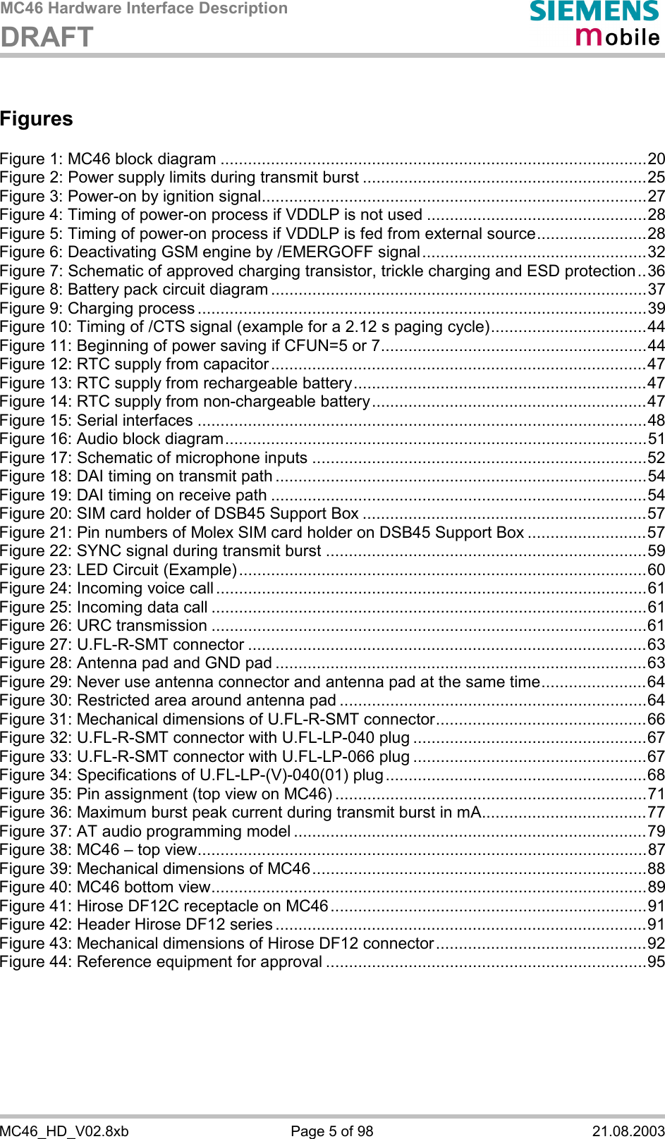MC46 Hardware Interface Description DRAFT      MC46_HD_V02.8xb  Page 5 of 98  21.08.2003  Figures  Figure 1: MC46 block diagram .............................................................................................20 Figure 2: Power supply limits during transmit burst ..............................................................25 Figure 3: Power-on by ignition signal....................................................................................27 Figure 4: Timing of power-on process if VDDLP is not used ................................................28 Figure 5: Timing of power-on process if VDDLP is fed from external source........................28 Figure 6: Deactivating GSM engine by /EMERGOFF signal.................................................32 Figure 7: Schematic of approved charging transistor, trickle charging and ESD protection..36 Figure 8: Battery pack circuit diagram ..................................................................................37 Figure 9: Charging process ..................................................................................................39 Figure 10: Timing of /CTS signal (example for a 2.12 s paging cycle)..................................44 Figure 11: Beginning of power saving if CFUN=5 or 7..........................................................44 Figure 12: RTC supply from capacitor..................................................................................47 Figure 13: RTC supply from rechargeable battery................................................................47 Figure 14: RTC supply from non-chargeable battery............................................................47 Figure 15: Serial interfaces ..................................................................................................48 Figure 16: Audio block diagram............................................................................................51 Figure 17: Schematic of microphone inputs .........................................................................52 Figure 18: DAI timing on transmit path .................................................................................54 Figure 19: DAI timing on receive path ..................................................................................54 Figure 20: SIM card holder of DSB45 Support Box ..............................................................57 Figure 21: Pin numbers of Molex SIM card holder on DSB45 Support Box ..........................57 Figure 22: SYNC signal during transmit burst ......................................................................59 Figure 23: LED Circuit (Example).........................................................................................60 Figure 24: Incoming voice call ..............................................................................................61 Figure 25: Incoming data call ...............................................................................................61 Figure 26: URC transmission ...............................................................................................61 Figure 27: U.FL-R-SMT connector .......................................................................................63 Figure 28: Antenna pad and GND pad .................................................................................63 Figure 29: Never use antenna connector and antenna pad at the same time.......................64 Figure 30: Restricted area around antenna pad ...................................................................64 Figure 31: Mechanical dimensions of U.FL-R-SMT connector..............................................66 Figure 32: U.FL-R-SMT connector with U.FL-LP-040 plug ...................................................67 Figure 33: U.FL-R-SMT connector with U.FL-LP-066 plug ...................................................67 Figure 34: Specifications of U.FL-LP-(V)-040(01) plug.........................................................68 Figure 35: Pin assignment (top view on MC46) ....................................................................71 Figure 36: Maximum burst peak current during transmit burst in mA....................................77 Figure 37: AT audio programming model .............................................................................79 Figure 38: MC46 – top view..................................................................................................87 Figure 39: Mechanical dimensions of MC46.........................................................................88 Figure 40: MC46 bottom view...............................................................................................89 Figure 41: Hirose DF12C receptacle on MC46.....................................................................91 Figure 42: Header Hirose DF12 series .................................................................................91 Figure 43: Mechanical dimensions of Hirose DF12 connector..............................................92 Figure 44: Reference equipment for approval ......................................................................95  