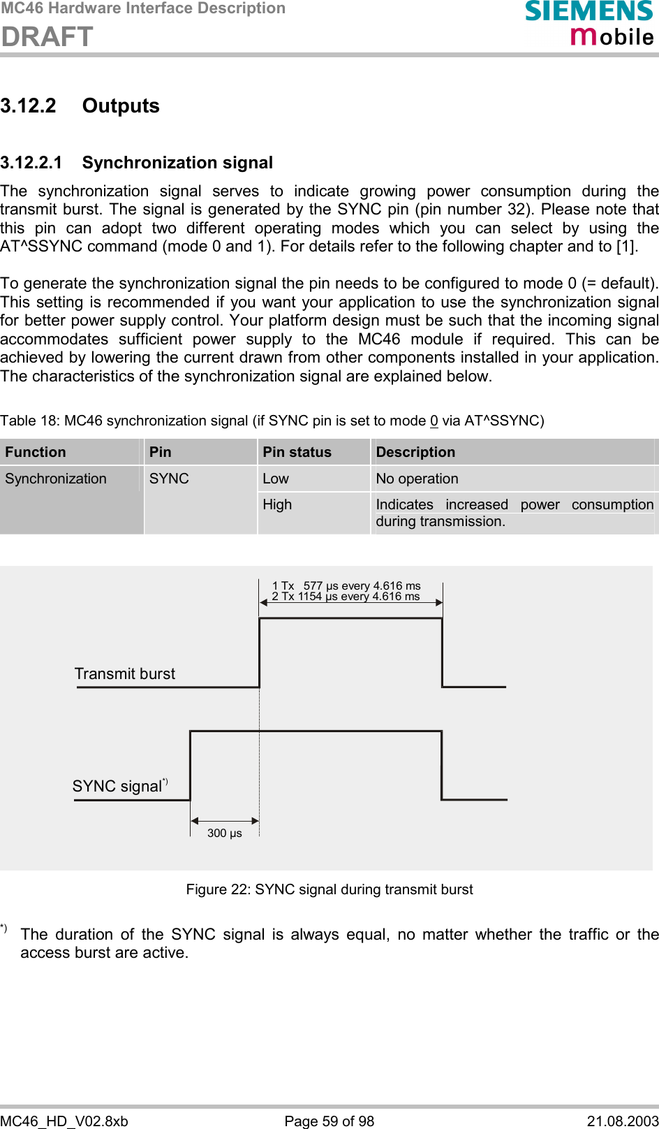 MC46 Hardware Interface Description DRAFT      MC46_HD_V02.8xb  Page 59 of 98  21.08.2003 3.12.2 Outputs 3.12.2.1 Synchronization signal The synchronization signal serves to indicate growing power consumption during the transmit burst. The signal is generated by the SYNC pin (pin number 32). Please note that this pin can adopt two different operating modes which you can select by using the AT^SSYNC command (mode 0 and 1). For details refer to the following chapter and to [1].  To generate the synchronization signal the pin needs to be configured to mode 0 (= default). This setting is recommended if you want your application to use the synchronization signal for better power supply control. Your platform design must be such that the incoming signal accommodates sufficient power supply to the MC46 module if required. This can be achieved by lowering the current drawn from other components installed in your application. The characteristics of the synchronization signal are explained below.   Table 18: MC46 synchronization signal (if SYNC pin is set to mode 0 via AT^SSYNC) Function  Pin  Pin status  Description Low  No operation Synchronization  SYNC High  Indicates increased power consumption during transmission.  Figure 22: SYNC signal during transmit burst  *)  The duration of the SYNC signal is always equal, no matter whether the traffic or the access burst are active.  Transmit burst1 Tx   577 µs every 4.616 ms2 Tx 1154 µs every 4.616 ms300 µsSYNC signal*)