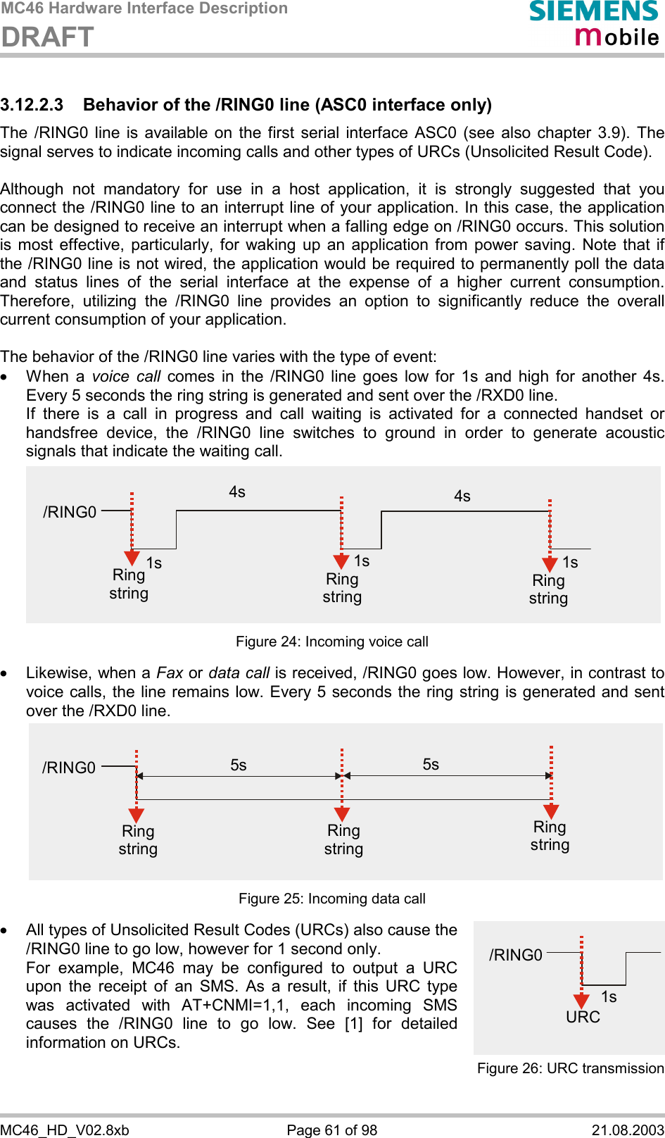 MC46 Hardware Interface Description DRAFT      MC46_HD_V02.8xb  Page 61 of 98  21.08.2003 1s/RING0URC3.12.2.3  Behavior of the /RING0 line (ASC0 interface only) The /RING0 line is available on the first serial interface ASC0 (see also chapter 3.9). The signal serves to indicate incoming calls and other types of URCs (Unsolicited Result Code).  Although not mandatory for use in a host application, it is strongly suggested that you connect the /RING0 line to an interrupt line of your application. In this case, the application can be designed to receive an interrupt when a falling edge on /RING0 occurs. This solution is most effective, particularly, for waking up an application from power saving. Note that if the /RING0 line is not wired, the application would be required to permanently poll the data and status lines of the serial interface at the expense of a higher current consumption. Therefore, utilizing the /RING0 line provides an option to significantly reduce the overall current consumption of your application.   The behavior of the /RING0 line varies with the type of event: ·  When a voice call comes in the /RING0 line goes low for 1s and high for another 4s. Every 5 seconds the ring string is generated and sent over the /RXD0 line.  If there is a call in progress and call waiting is activated for a connected handset or handsfree device, the /RING0 line switches to ground in order to generate acoustic signals that indicate the waiting call.  Figure 24: Incoming voice call  ·  Likewise, when a Fax or data call is received, /RING0 goes low. However, in contrast to voice calls, the line remains low. Every 5 seconds the ring string is generated and sent over the /RXD0 line.  Figure 25: Incoming data call  ·  All types of Unsolicited Result Codes (URCs) also cause the /RING0 line to go low, however for 1 second only.  For example, MC46 may be configured to output a URC upon the receipt of an SMS. As a result, if this URC type was activated with AT+CNMI=1,1, each incoming SMS causes the /RING0 line to go low. See [1] for detailed information on URCs.  Figure 26: URC transmission 4s/RING04s1s 1s 1sRing stringRing stringRing string5s/RING0Ring stringRing stringRing string5s