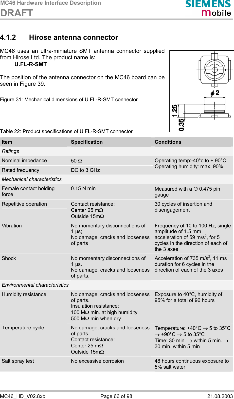 MC46 Hardware Interface Description DRAFT      MC46_HD_V02.8xb  Page 66 of 98  21.08.2003 4.1.2  Hirose antenna connector  MC46 uses an ultra-miniature SMT antenna connector supplied from Hirose Ltd. The product name is:  U.FL-R-SMT   The position of the antenna connector on the MC46 board can be seen in Figure 39.   Figure 31: Mechanical dimensions of U.FL-R-SMT connector     Table 22: Product specifications of U.FL-R-SMT connector Item  Specification  Conditions Ratings     Nominal impedance  50 W Rated frequency  DC to 3 GHz Operating temp:-40°c to + 90°C Operating humidity: max. 90% Mechanical characteristics     Female contact holding force 0.15 N min  Measured with a Æ 0.475 pin gauge Repetitive operation  Contact resistance: Center 25 mW  Outside 15mW 30 cycles of insertion and disengagement Vibration  No momentary disconnections of 1 µs; No damage, cracks and looseness of parts Frequency of 10 to 100 Hz, single amplitude of 1.5 mm, acceleration of 59 m/s2, for 5 cycles in the direction of each of the 3 axes Shock  No momentary disconnections of 1 µs. No damage, cracks and looseness of parts. Acceleration of 735 m/s2, 11 ms duration for 6 cycles in the direction of each of the 3 axes Environmental characteristics Humidity resistance  No damage, cracks and looseness of parts. Insulation resistance:  100 MW min. at high humidity 500 MW min when dry Exposure to 40°C, humidity of 95% for a total of 96 hours Temperature cycle  No damage, cracks and looseness of parts. Contact resistance: Center 25 mW  Outside 15mW Temperature: +40°C ® 5 to 35°C ® +90°C ® 5 to 35°C Time: 30 min. ® within 5 min. ® 30 min. within 5 min Salt spray test  No excessive corrosion  48 hours continuous exposure to 5% salt water  