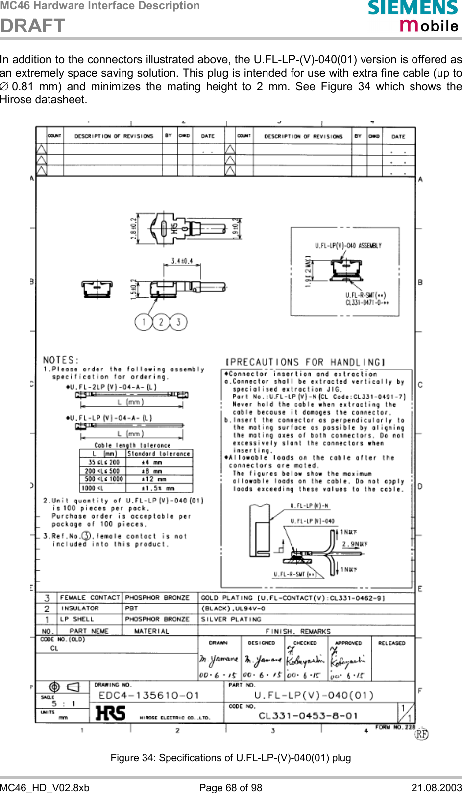 MC46 Hardware Interface Description DRAFT      MC46_HD_V02.8xb  Page 68 of 98  21.08.2003 In addition to the connectors illustrated above, the U.FL-LP-(V)-040(01) version is offered as an extremely space saving solution. This plug is intended for use with extra fine cable (up to Æ 0.81 mm) and minimizes the mating height to 2 mm. See Figure 34 which shows the Hirose datasheet.    Figure 34: Specifications of U.FL-LP-(V)-040(01) plug 