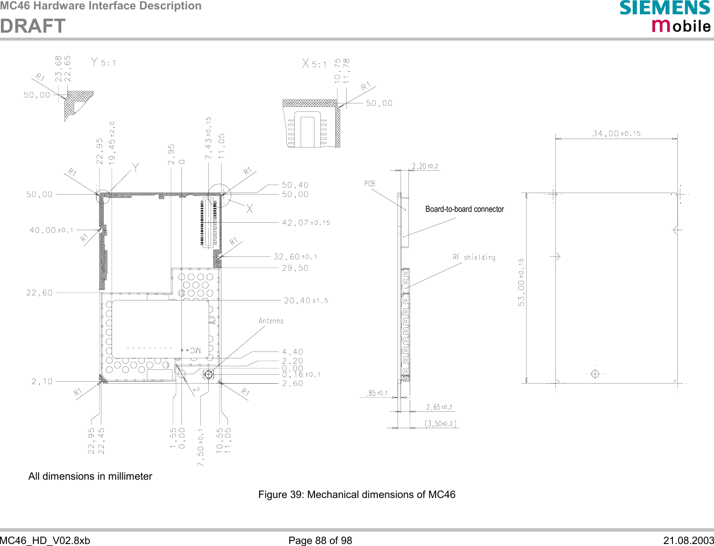 MC46 Hardware Interface Description DRAFT    MC46_HD_V02.8xb  Page 88 of 98  21.08.2003  Board-to-board connector    All dimensions in millimeter Figure 39: Mechanical dimensions of MC46 