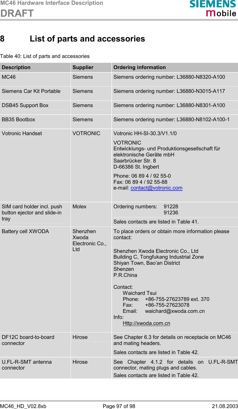 MC46 Hardware Interface Description DRAFT      MC46_HD_V02.8xb  Page 97 of 98  21.08.2003 8  List of parts and accessories Table 40: List of parts and accessories Description  Supplier  Ordering information MC46  Siemens  Siemens ordering number: L36880-N8320-A100 Siemens Car Kit Portable  Siemens  Siemens ordering number: L36880-N3015-A117 DSB45 Support Box  Siemens  Siemens ordering number: L36880-N8301-A100 BB35 Bootbox   Siemens  Siemens ordering number: L36880-N8102-A100-1 Votronic Handset  VOTRONIC  Votronic HH-SI-30.3/V1.1/0 VOTRONIC  Entwicklungs- und Produktionsgesellschaft für elektronische Geräte mbH Saarbrücker Str. 8 D-66386 St. Ingbert Phone: 06 89 4 / 92 55-0 Fax: 06 89 4 / 92 55-88 e-mail: contact@votronic.com  SIM card holder incl. push button ejector and slide-in tray Molex  Ordering numbers:  91228   91236 Sales contacts are listed in Table 41. Battery cell XWODA  Shenzhen Xwoda Electronic Co., Ltd To place orders or obtain more information please contact:   Shenzhen Xwoda Electronic Co., Ltd Building C, Tongfukang Industrial Zone Shiyan Town, Bao’an District Shenzen P.R.China  Contact:   Waichard Tsui   Phone:   +86-755-27623789 ext. 370  Fax:   +86-755-27623078  Email: waichard@xwoda.com.cn Info:  Http://xwoda.com.cn  DF12C board-to-board connector  Hirose  See Chapter 6.3 for details on receptacle on MC46 and mating headers. Sales contacts are listed in Table 42. U.FL-R-SMT antenna connector Hirose  See Chapter 4.1.2 for details on U.FL-R-SMT connector, mating plugs and cables. Sales contacts are listed in Table 42.  