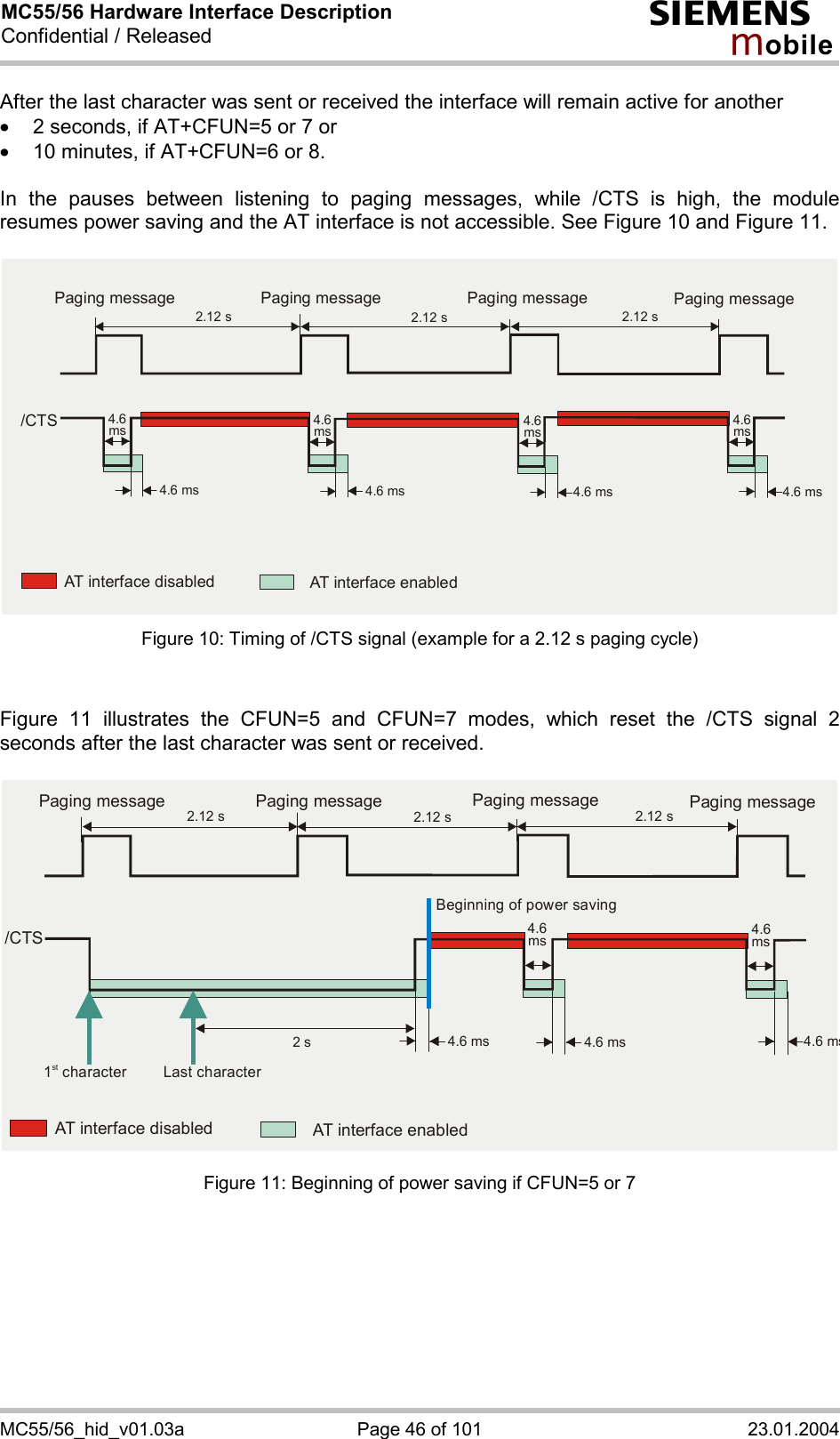 MC55/56 Hardware Interface Description Confidential / Released s mo b i l e MC55/56_hid_v01.03a  Page 46 of 101  23.01.2004 After the last character was sent or received the interface will remain active for another ·  2 seconds, if AT+CFUN=5 or 7 or ·  10 minutes, if AT+CFUN=6 or 8.   In the pauses between listening to paging messages, while /CTS is high, the module resumes power saving and the AT interface is not accessible. See Figure 10 and Figure 11.  2.12 s4.6 ms 4.6 ms 4.6 ms 4.6 ms2.12 s 2.12 s/CTSAT interface disabled AT interface enabledPaging message Paging message Paging message Paging message4.6ms 4.6ms 4.6ms4.6ms Figure 10: Timing of /CTS signal (example for a 2.12 s paging cycle)   Figure 11 illustrates the CFUN=5 and CFUN=7 modes, which reset the /CTS signal 2 seconds after the last character was sent or received.   2.12 s4.6 ms2 s 4.6 ms 4.6 ms2.12 s 2.12 s/CTSAT interface disabled AT interface enabled1 characterstLast characterBeginning of power savingPaging message Paging message Paging message Paging message4.6ms 4.6ms  Figure 11: Beginning of power saving if CFUN=5 or 7   