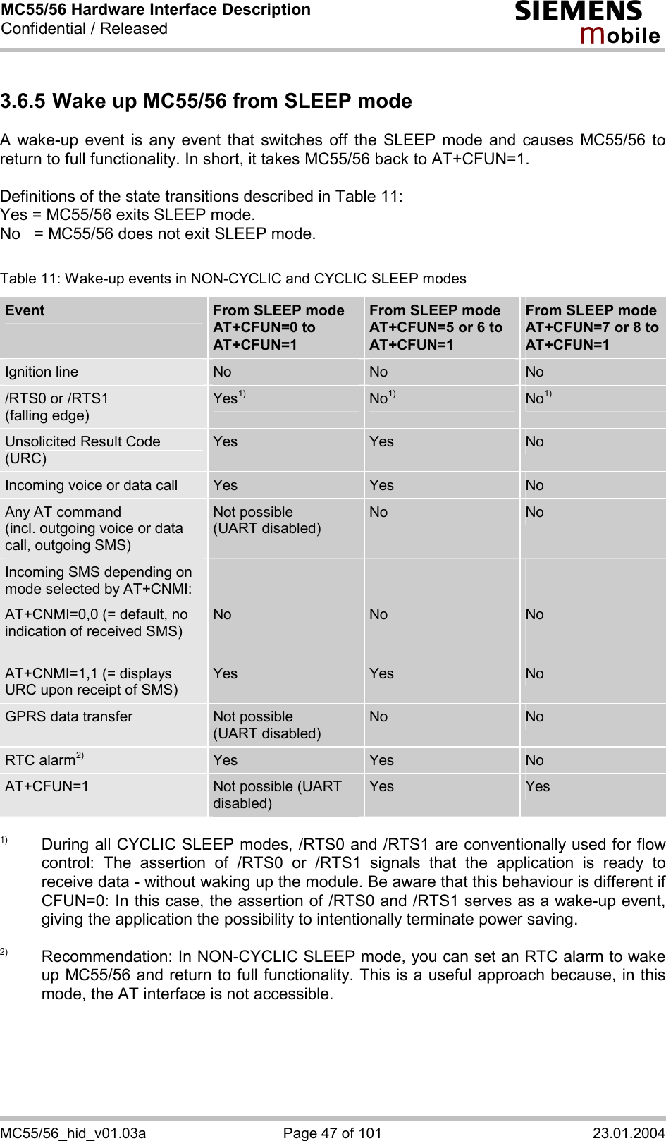 MC55/56 Hardware Interface Description Confidential / Released s mo b i l e MC55/56_hid_v01.03a  Page 47 of 101  23.01.2004 3.6.5 Wake up MC55/56 from SLEEP mode A wake-up event is any event that switches off the SLEEP mode and causes MC55/56 to return to full functionality. In short, it takes MC55/56 back to AT+CFUN=1.   Definitions of the state transitions described in Table 11: Yes = MC55/56 exits SLEEP mode. No   = MC55/56 does not exit SLEEP mode.   Table 11: Wake-up events in NON-CYCLIC and CYCLIC SLEEP modes Event  From SLEEP mode AT+CFUN=0 to AT+CFUN=1 From SLEEP mode AT+CFUN=5 or 6 to AT+CFUN=1  From SLEEP mode AT+CFUN=7 or 8 to AT+CFUN=1 Ignition line  No   No   No  /RTS0 or /RTS1  (falling edge) Yes1) No1) No1)  Unsolicited Result Code (URC) Yes  Yes  No  Incoming voice or data call  Yes  Yes  No Any AT command  (incl. outgoing voice or data call, outgoing SMS) Not possible  (UART disabled) No  No Incoming SMS depending on mode selected by AT+CNMI: AT+CNMI=0,0 (= default, no indication of received SMS)  AT+CNMI=1,1 (= displays URC upon receipt of SMS)   No   Yes   No   Yes   No   No GPRS data transfer  Not possible  (UART disabled) No  No RTC alarm2) Yes  Yes  No AT+CFUN=1  Not possible (UART disabled) Yes  Yes  1)  During all CYCLIC SLEEP modes, /RTS0 and /RTS1 are conventionally used for flow control: The assertion of /RTS0 or /RTS1 signals that the application is ready to receive data - without waking up the module. Be aware that this behaviour is different if CFUN=0: In this case, the assertion of /RTS0 and /RTS1 serves as a wake-up event, giving the application the possibility to intentionally terminate power saving.  2)   Recommendation: In NON-CYCLIC SLEEP mode, you can set an RTC alarm to wake up MC55/56 and return to full functionality. This is a useful approach because, in this mode, the AT interface is not accessible.    