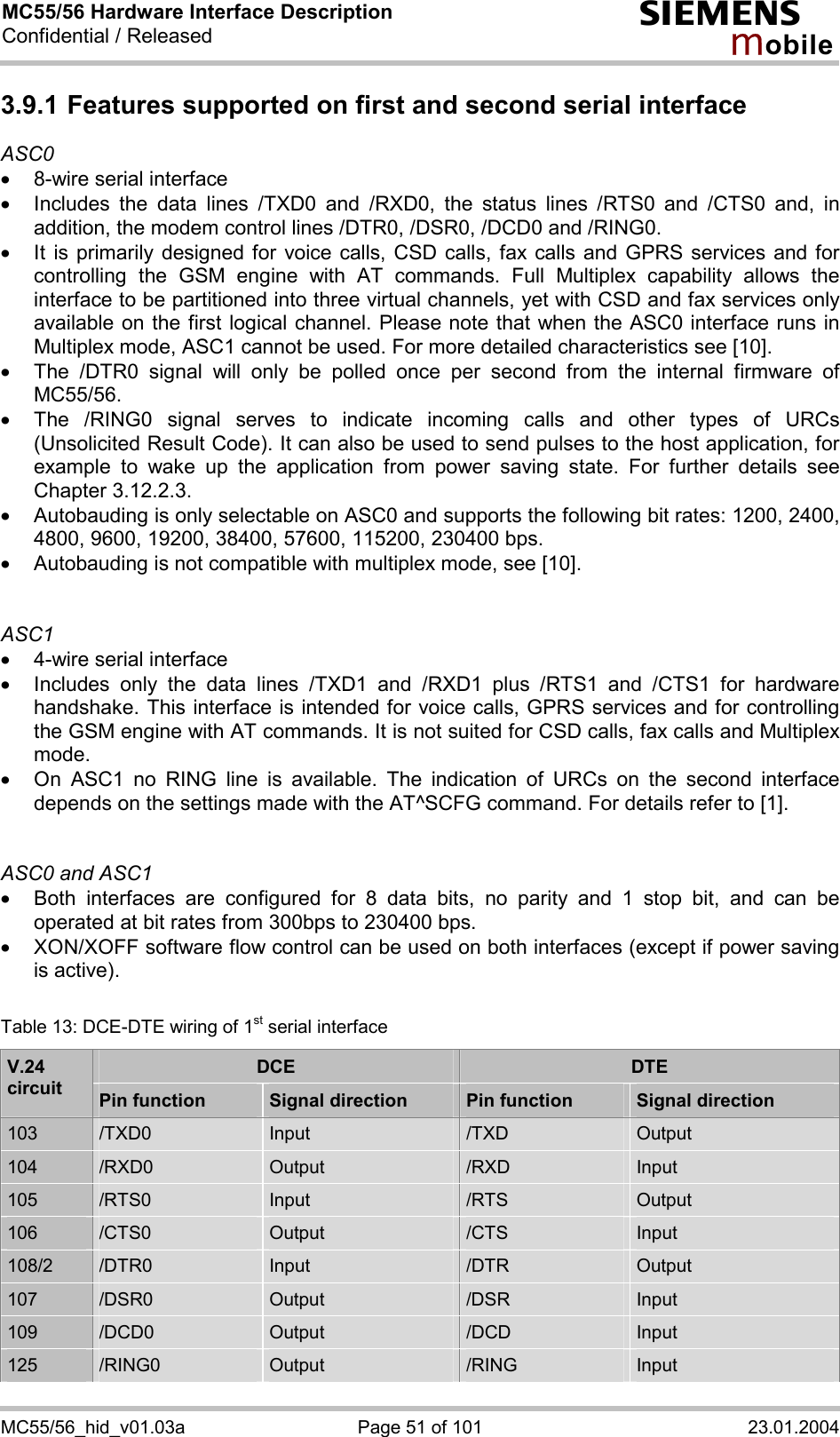 MC55/56 Hardware Interface Description Confidential / Released s mo b i l e MC55/56_hid_v01.03a  Page 51 of 101  23.01.2004 3.9.1 Features supported on first and second serial interface ASC0 ·  8-wire serial interface ·  Includes the data lines /TXD0 and /RXD0, the status lines /RTS0 and /CTS0 and, in addition, the modem control lines /DTR0, /DSR0, /DCD0 and /RING0.  ·  It is primarily designed for voice calls, CSD calls, fax calls and GPRS services and for controlling the GSM engine with AT commands. Full Multiplex capability allows the interface to be partitioned into three virtual channels, yet with CSD and fax services only available on the first logical channel. Please note that when the ASC0 interface runs in Multiplex mode, ASC1 cannot be used. For more detailed characteristics see [10]. ·  The /DTR0 signal will only be polled once per second from the internal firmware of MC55/56.  ·  The /RING0 signal serves to indicate incoming calls and other types of URCs (Unsolicited Result Code). It can also be used to send pulses to the host application, for example to wake up the application from power saving state. For further details see Chapter 3.12.2.3. ·  Autobauding is only selectable on ASC0 and supports the following bit rates: 1200, 2400, 4800, 9600, 19200, 38400, 57600, 115200, 230400 bps.  ·  Autobauding is not compatible with multiplex mode, see [10].   ASC1 ·  4-wire serial interface ·  Includes only the data lines /TXD1 and /RXD1 plus /RTS1 and /CTS1 for hardware handshake. This interface is intended for voice calls, GPRS services and for controlling the GSM engine with AT commands. It is not suited for CSD calls, fax calls and Multiplex mode.  ·  On ASC1 no RING line is available. The indication of URCs on the second interface depends on the settings made with the AT^SCFG command. For details refer to [1].   ASC0 and ASC1 ·  Both interfaces are configured for 8 data bits, no parity and 1 stop bit, and can be operated at bit rates from 300bps to 230400 bps.  ·  XON/XOFF software flow control can be used on both interfaces (except if power saving is active).  Table 13: DCE-DTE wiring of 1st serial interface DCE  DTE V.24 circuit  Pin function  Signal direction  Pin function  Signal direction 103  /TXD0  Input  /TXD  Output 104  /RXD0  Output  /RXD  Input 105  /RTS0  Input  /RTS  Output 106  /CTS0  Output  /CTS  Input 108/2  /DTR0  Input  /DTR  Output 107  /DSR0  Output  /DSR  Input 109  /DCD0  Output  /DCD  Input 125  /RING0  Output  /RING  Input 