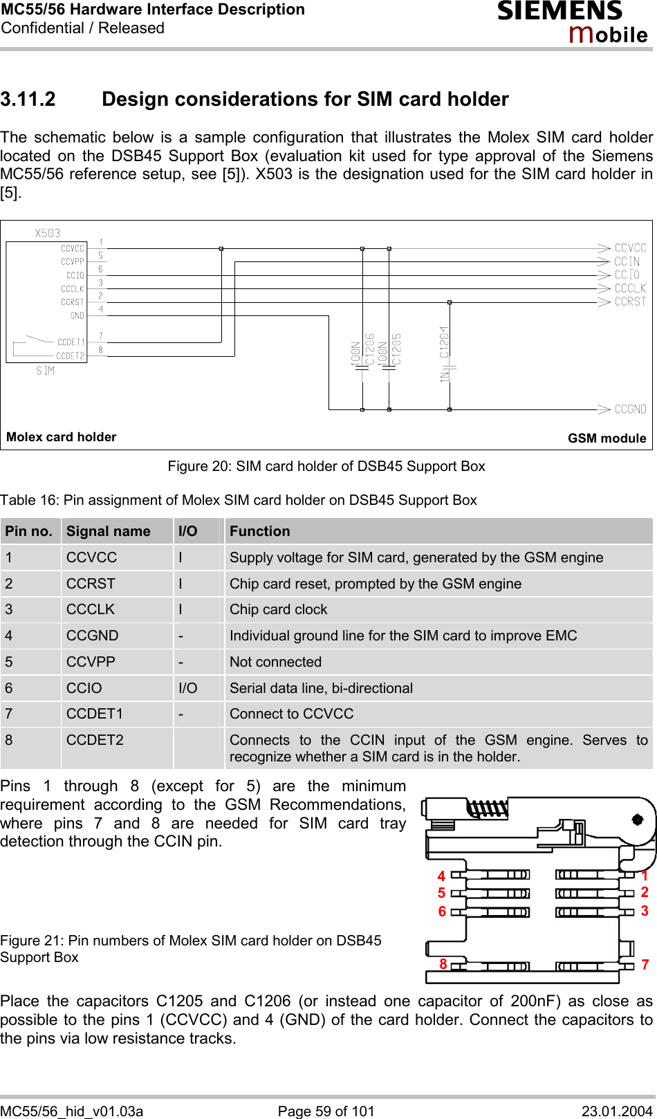 MC55/56 Hardware Interface Description Confidential / Released s mo b i l e MC55/56_hid_v01.03a  Page 59 of 101  23.01.2004 3.11.2 Design considerations for SIM card holder The schematic below is a sample configuration that illustrates the Molex SIM card holder located on the DSB45 Support Box (evaluation kit used for type approval of the Siemens MC55/56 reference setup, see [5]). X503 is the designation used for the SIM card holder in [5].   Molex card holder GSM module  Figure 20: SIM card holder of DSB45 Support Box Table 16: Pin assignment of Molex SIM card holder on DSB45 Support Box Pin no.  Signal name  I/O  Function 1  CCVCC  I  Supply voltage for SIM card, generated by the GSM engine 2  CCRST  I  Chip card reset, prompted by the GSM engine 3  CCCLK  I  Chip card clock 4  CCGND  -  Individual ground line for the SIM card to improve EMC 5  CCVPP  -  Not connected 6  CCIO  I/O  Serial data line, bi-directional 7  CCDET1  -  Connect to CCVCC  8  CCDET2   Connects to the CCIN input of the GSM engine. Serves to recognize whether a SIM card is in the holder.   Pins 1 through 8 (except for 5) are the minimum requirement according to the GSM Recommendations, where pins 7 and 8 are needed for SIM card tray detection through the CCIN pin.      Figure 21: Pin numbers of Molex SIM card holder on DSB45 Support Box  Place the capacitors C1205 and C1206 (or instead one capacitor of 200nF) as close as possible to the pins 1 (CCVCC) and 4 (GND) of the card holder. Connect the capacitors to the pins via low resistance tracks.  45127836