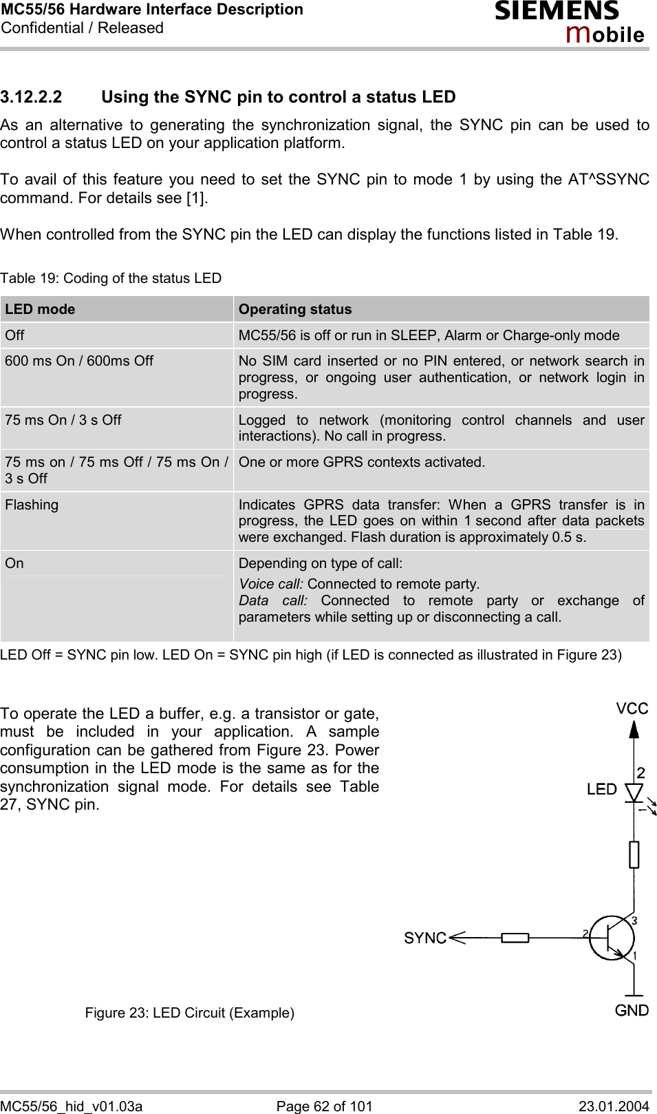 MC55/56 Hardware Interface Description Confidential / Released s mo b i l e MC55/56_hid_v01.03a  Page 62 of 101  23.01.2004 3.12.2.2  Using the SYNC pin to control a status LED  As an alternative to generating the synchronization signal, the SYNC pin can be used to control a status LED on your application platform.   To avail of this feature you need to set the SYNC pin to mode 1 by using the AT^SSYNC command. For details see [1].   When controlled from the SYNC pin the LED can display the functions listed in Table 19.   Table 19: Coding of the status LED LED mode  Operating status Off   MC55/56 is off or run in SLEEP, Alarm or Charge-only mode 600 ms On / 600ms Off  No SIM card inserted or no PIN entered, or network search in progress, or ongoing user authentication, or network login in progress. 75 ms On / 3 s Off  Logged to network (monitoring control channels and user interactions). No call in progress. 75 ms on / 75 ms Off / 75 ms On / 3 s Off One or more GPRS contexts activated. Flashing  Indicates GPRS data transfer: When a GPRS transfer is in progress, the LED goes on within 1 second after data packets were exchanged. Flash duration is approximately 0.5 s.  On  Depending on type of call: Voice call: Connected to remote party. Data call: Connected to remote party or exchange of parameters while setting up or disconnecting a call.  LED Off = SYNC pin low. LED On = SYNC pin high (if LED is connected as illustrated in Figure 23)   To operate the LED a buffer, e.g. a transistor or gate, must be included in your application. A sample configuration can be gathered from Figure 23. Power consumption in the LED mode is the same as for the synchronization signal mode. For details see Table 27, SYNC pin.           Figure 23: LED Circuit (Example) 