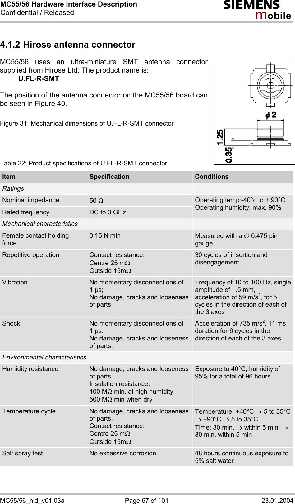 MC55/56 Hardware Interface Description Confidential / Released s mo b i l e MC55/56_hid_v01.03a  Page 67 of 101  23.01.2004 4.1.2 Hirose antenna connector  MC55/56 uses an ultra-miniature SMT antenna connector supplied from Hirose Ltd. The product name is:  U.FL-R-SMT   The position of the antenna connector on the MC55/56 board can be seen in Figure 40.   Figure 31: Mechanical dimensions of U.FL-R-SMT connector     Table 22: Product specifications of U.FL-R-SMT connector Item  Specification  Conditions Ratings     Nominal impedance  50 W Rated frequency  DC to 3 GHz Operating temp:-40°c to + 90°C Operating humidity: max. 90% Mechanical characteristics     Female contact holding force 0.15 N min  Measured with a Æ 0.475 pin gauge Repetitive operation  Contact resistance: Centre 25 mW  Outside 15mW 30 cycles of insertion and disengagement Vibration  No momentary disconnections of 1 µs; No damage, cracks and looseness of parts Frequency of 10 to 100 Hz, single amplitude of 1.5 mm, acceleration of 59 m/s2, for 5 cycles in the direction of each of the 3 axes Shock  No momentary disconnections of 1 µs. No damage, cracks and looseness of parts. Acceleration of 735 m/s2, 11 ms duration for 6 cycles in the direction of each of the 3 axes Environmental characteristics Humidity resistance  No damage, cracks and looseness of parts. Insulation resistance:  100 MW min. at high humidity 500 MW min when dry Exposure to 40°C, humidity of 95% for a total of 96 hours Temperature cycle  No damage, cracks and looseness of parts. Contact resistance: Centre 25 mW  Outside 15mW Temperature: +40°C ® 5 to 35°C ® +90°C ® 5 to 35°C Time: 30 min. ® within 5 min. ® 30 min. within 5 min Salt spray test  No excessive corrosion  48 hours continuous exposure to 5% salt water  