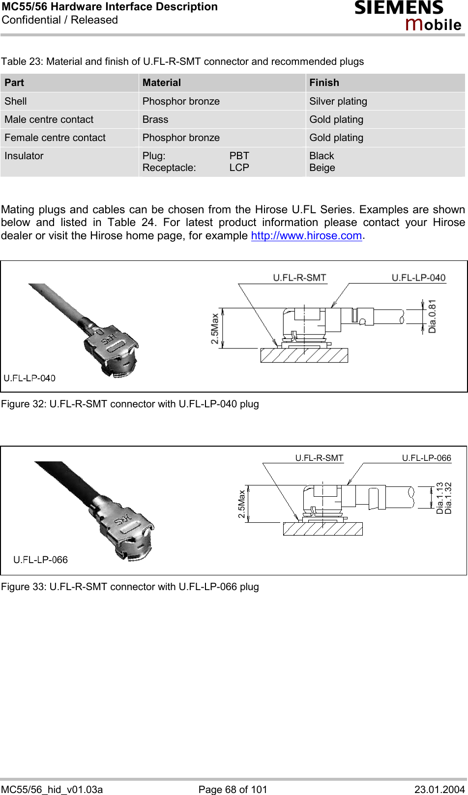 MC55/56 Hardware Interface Description Confidential / Released s mo b i l e MC55/56_hid_v01.03a  Page 68 of 101  23.01.2004 Table 23: Material and finish of U.FL-R-SMT connector and recommended plugs Part  Material  Finish Shell  Phosphor bronze  Silver plating Male centre contact   Brass  Gold plating Female centre contact   Phosphor bronze  Gold plating Insulator  Plug:   PBT Receptacle: LCP Black Beige   Mating plugs and cables can be chosen from the Hirose U.FL Series. Examples are shown below and listed in Table 24. For latest product information please contact your Hirose dealer or visit the Hirose home page, for example http://www.hirose.com.   Figure 32: U.FL-R-SMT connector with U.FL-LP-040 plug   Figure 33: U.FL-R-SMT connector with U.FL-LP-066 plug    