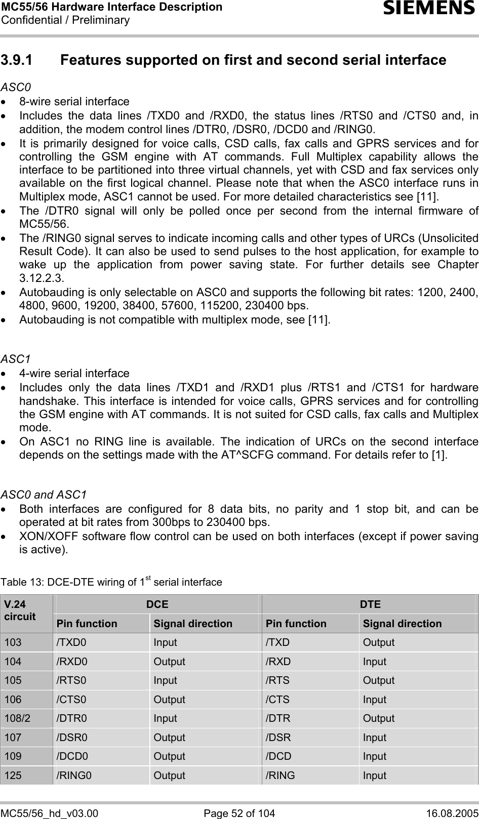 MC55/56 Hardware Interface Description Confidential / Preliminary s MC55/56_hd_v03.00  Page 52 of 104  16.08.2005 3.9.1  Features supported on first and second serial interface ASC0 •  8-wire serial interface •  Includes the data lines /TXD0 and /RXD0, the status lines /RTS0 and /CTS0 and, in addition, the modem control lines /DTR0, /DSR0, /DCD0 and /RING0.  •  It is primarily designed for voice calls, CSD calls, fax calls and GPRS services and for controlling the GSM engine with AT commands. Full Multiplex capability allows the interface to be partitioned into three virtual channels, yet with CSD and fax services only available on the first logical channel. Please note that when the ASC0 interface runs in Multiplex mode, ASC1 cannot be used. For more detailed characteristics see [11]. •  The /DTR0 signal will only be polled once per second from the internal firmware of MC55/56.  •  The /RING0 signal serves to indicate incoming calls and other types of URCs (Unsolicited Result Code). It can also be used to send pulses to the host application, for example to wake up the application from power saving state. For further details see Chapter 3.12.2.3. •  Autobauding is only selectable on ASC0 and supports the following bit rates: 1200, 2400, 4800, 9600, 19200, 38400, 57600, 115200, 230400 bps.  •  Autobauding is not compatible with multiplex mode, see [11].   ASC1 •  4-wire serial interface •  Includes only the data lines /TXD1 and /RXD1 plus /RTS1 and /CTS1 for hardware handshake. This interface is intended for voice calls, GPRS services and for controlling the GSM engine with AT commands. It is not suited for CSD calls, fax calls and Multiplex mode.  •  On ASC1 no RING line is available. The indication of URCs on the second interface depends on the settings made with the AT^SCFG command. For details refer to [1].   ASC0 and ASC1 •  Both interfaces are configured for 8 data bits, no parity and 1 stop bit, and can be operated at bit rates from 300bps to 230400 bps.  •  XON/XOFF software flow control can be used on both interfaces (except if power saving is active).  Table 13: DCE-DTE wiring of 1st serial interface DCE  DTE V.24 circuit  Pin function  Signal direction  Pin function  Signal direction 103  /TXD0  Input  /TXD  Output 104  /RXD0  Output  /RXD  Input 105  /RTS0  Input  /RTS  Output 106  /CTS0  Output  /CTS  Input 108/2  /DTR0  Input  /DTR  Output 107  /DSR0  Output  /DSR  Input 109  /DCD0  Output  /DCD  Input 125  /RING0  Output  /RING  Input 