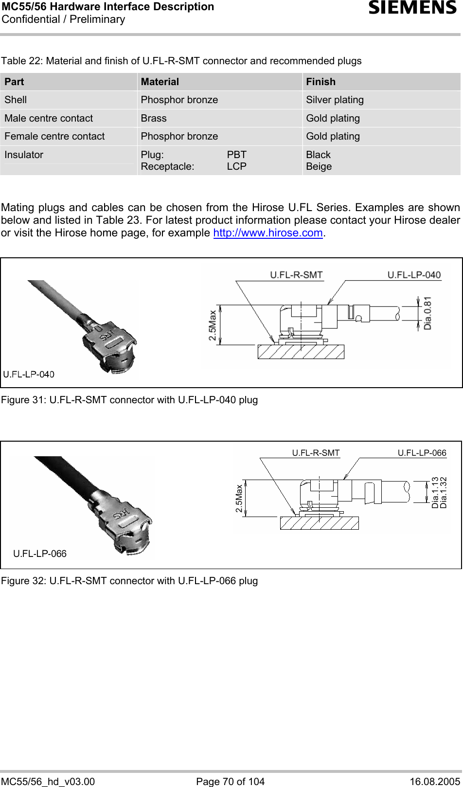 MC55/56 Hardware Interface Description Confidential / Preliminary s MC55/56_hd_v03.00  Page 70 of 104  16.08.2005 Table 22: Material and finish of U.FL-R-SMT connector and recommended plugs Part  Material  Finish Shell  Phosphor bronze  Silver plating Male centre contact   Brass  Gold plating Female centre contact   Phosphor bronze  Gold plating Insulator  Plug:   PBT Receptacle: LCP Black Beige   Mating plugs and cables can be chosen from the Hirose U.FL Series. Examples are shown below and listed in Table 23. For latest product information please contact your Hirose dealer or visit the Hirose home page, for example http://www.hirose.com.   Figure 31: U.FL-R-SMT connector with U.FL-LP-040 plug   Figure 32: U.FL-R-SMT connector with U.FL-LP-066 plug    