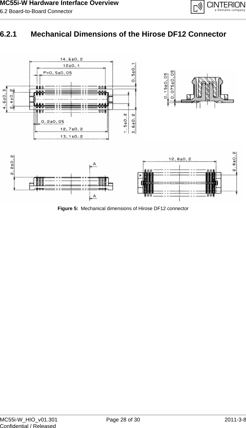 MC55i-W Hardware Interface Overview6.2 Board-to-Board Connector28MC55i-W_HIO_v01.301 Page 28 of 30 2011-3-8Confidential / Released6.2.1 Mechanical Dimensions of the Hirose DF12 ConnectorFigure 5:  Mechanical dimensions of Hirose DF12 connector