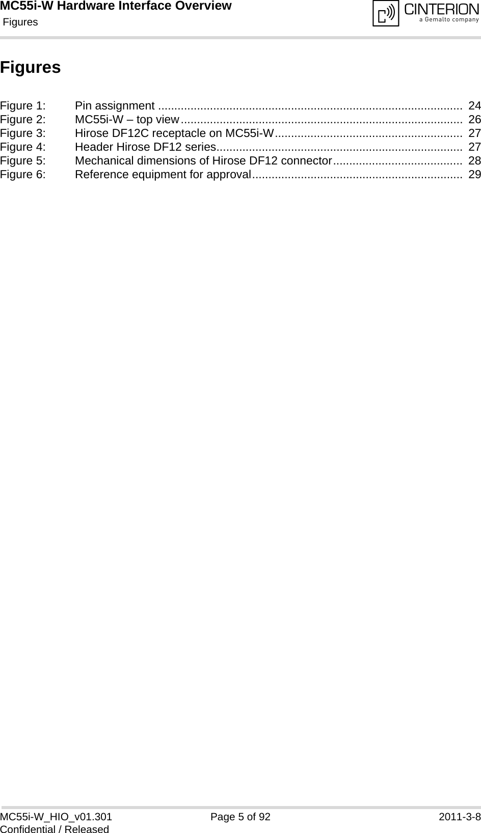 MC55i-W Hardware Interface Overview Figures92MC55i-W_HIO_v01.301 Page 5 of 92 2011-3-8Confidential / ReleasedFiguresFigure 1: Pin assignment ..............................................................................................  24Figure 2: MC55i-W – top view.......................................................................................  26Figure 3: Hirose DF12C receptacle on MC55i-W..........................................................  27Figure 4: Header Hirose DF12 series............................................................................  27Figure 5: Mechanical dimensions of Hirose DF12 connector........................................  28Figure 6: Reference equipment for approval.................................................................  29