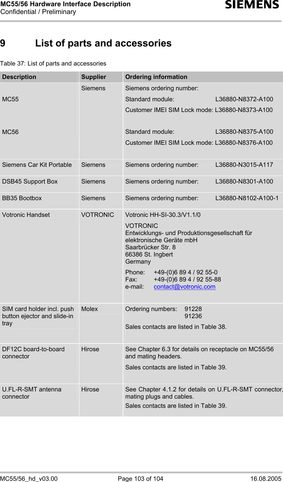 MC55/56 Hardware Interface Description Confidential / Preliminary s MC55/56_hd_v03.00  Page 103 of 104  16.08.2005 9  List of parts and accessories Table 37: List of parts and accessories Description  Supplier  Ordering information  MC55   MC56 Siemens  Siemens ordering number:  Standard module:   L36880-N8372-A100 Customer IMEI SIM Lock mode: L36880-N8373-A100  Standard module:   L36880-N8375-A100 Customer IMEI SIM Lock mode: L36880-N8376-A100  Siemens Car Kit Portable  Siemens  Siemens ordering number:   L36880-N3015-A117 DSB45 Support Box  Siemens  Siemens ordering number:   L36880-N8301-A100 BB35 Bootbox   Siemens  Siemens ordering number:   L36880-N8102-A100-1 Votronic Handset  VOTRONIC  Votronic HH-SI-30.3/V1.1/0 VOTRONIC  Entwicklungs- und Produktionsgesellschaft für elektronische Geräte mbH Saarbrücker Str. 8 66386 St. Ingbert Germany Phone:   +49-(0)6 89 4 / 92 55-0 Fax:   +49-(0)6 89 4 / 92 55-88 e-mail:   contact@votronic.com  SIM card holder incl. push button ejector and slide-in tray Molex  Ordering numbers:  91228   91236 Sales contacts are listed in Table 38.  DF12C board-to-board connector  Hirose  See Chapter 6.3 for details on receptacle on MC55/56 and mating headers. Sales contacts are listed in Table 39.  U.FL-R-SMT antenna connector Hirose  See Chapter 4.1.2 for details on U.FL-R-SMT connector, mating plugs and cables. Sales contacts are listed in Table 39.   