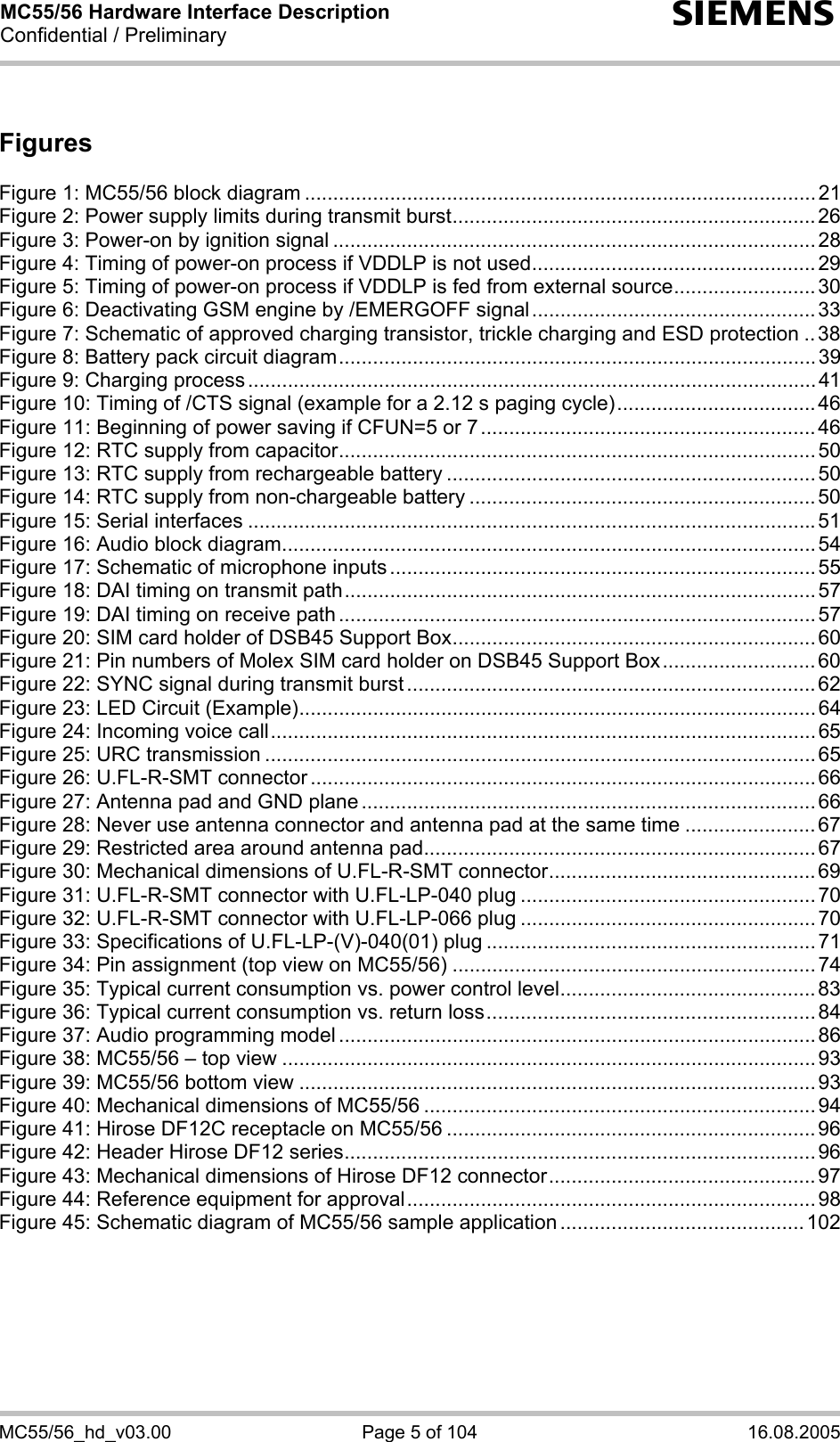 MC55/56 Hardware Interface Description Confidential / Preliminary s MC55/56_hd_v03.00  Page 5 of 104  16.08.2005  Figures  Figure 1: MC55/56 block diagram .......................................................................................... 21 Figure 2: Power supply limits during transmit burst................................................................ 26 Figure 3: Power-on by ignition signal ..................................................................................... 28 Figure 4: Timing of power-on process if VDDLP is not used.................................................. 29 Figure 5: Timing of power-on process if VDDLP is fed from external source......................... 30 Figure 6: Deactivating GSM engine by /EMERGOFF signal.................................................. 33 Figure 7: Schematic of approved charging transistor, trickle charging and ESD protection ..38 Figure 8: Battery pack circuit diagram....................................................................................39 Figure 9: Charging process .................................................................................................... 41 Figure 10: Timing of /CTS signal (example for a 2.12 s paging cycle)................................... 46 Figure 11: Beginning of power saving if CFUN=5 or 7........................................................... 46 Figure 12: RTC supply from capacitor.................................................................................... 50 Figure 13: RTC supply from rechargeable battery ................................................................. 50 Figure 14: RTC supply from non-chargeable battery ............................................................. 50 Figure 15: Serial interfaces ....................................................................................................51 Figure 16: Audio block diagram.............................................................................................. 54 Figure 17: Schematic of microphone inputs ........................................................................... 55 Figure 18: DAI timing on transmit path................................................................................... 57 Figure 19: DAI timing on receive path .................................................................................... 57 Figure 20: SIM card holder of DSB45 Support Box................................................................60 Figure 21: Pin numbers of Molex SIM card holder on DSB45 Support Box........................... 60 Figure 22: SYNC signal during transmit burst ........................................................................ 62 Figure 23: LED Circuit (Example)...........................................................................................64 Figure 24: Incoming voice call................................................................................................65 Figure 25: URC transmission ................................................................................................. 65 Figure 26: U.FL-R-SMT connector ......................................................................................... 66 Figure 27: Antenna pad and GND plane ................................................................................ 66 Figure 28: Never use antenna connector and antenna pad at the same time ....................... 67 Figure 29: Restricted area around antenna pad..................................................................... 67 Figure 30: Mechanical dimensions of U.FL-R-SMT connector...............................................69 Figure 31: U.FL-R-SMT connector with U.FL-LP-040 plug ....................................................70 Figure 32: U.FL-R-SMT connector with U.FL-LP-066 plug ....................................................70 Figure 33: Specifications of U.FL-LP-(V)-040(01) plug .......................................................... 71 Figure 34: Pin assignment (top view on MC55/56) ................................................................ 74 Figure 35: Typical current consumption vs. power control level............................................. 83 Figure 36: Typical current consumption vs. return loss.......................................................... 84 Figure 37: Audio programming model .................................................................................... 86 Figure 38: MC55/56 – top view .............................................................................................. 93 Figure 39: MC55/56 bottom view ........................................................................................... 93 Figure 40: Mechanical dimensions of MC55/56 ..................................................................... 94 Figure 41: Hirose DF12C receptacle on MC55/56 ................................................................. 96 Figure 42: Header Hirose DF12 series................................................................................... 96 Figure 43: Mechanical dimensions of Hirose DF12 connector............................................... 97 Figure 44: Reference equipment for approval........................................................................ 98 Figure 45: Schematic diagram of MC55/56 sample application ........................................... 102  