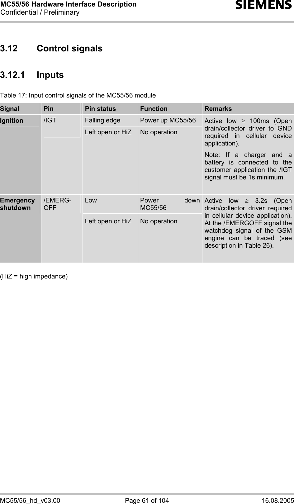 MC55/56 Hardware Interface Description Confidential / Preliminary s MC55/56_hd_v03.00  Page 61 of 104  16.08.2005 3.12 Control signals 3.12.1 Inputs Table 17: Input control signals of the MC55/56 module Signal   Pin  Pin status  Function  Remarks Falling edge  Power up MC55/56 Ignition  /IGT  Left open or HiZ  No operation Active low ≥ 100ms (Open drain/collector driver to GND required in cellular device application). Note: If a charger and a battery is connected to the customer application the /IGT signal must be 1s minimum.  Low  Power down MC55/56 Emergency shutdown /EMERG-OFF Left open or HiZ  No operation Active low ≥ 3.2s (Open drain/collector driver required in cellular device application). At the /EMERGOFF signal the watchdog signal of the GSM engine can be traced (see description in Table 26).   (HiZ = high impedance)   