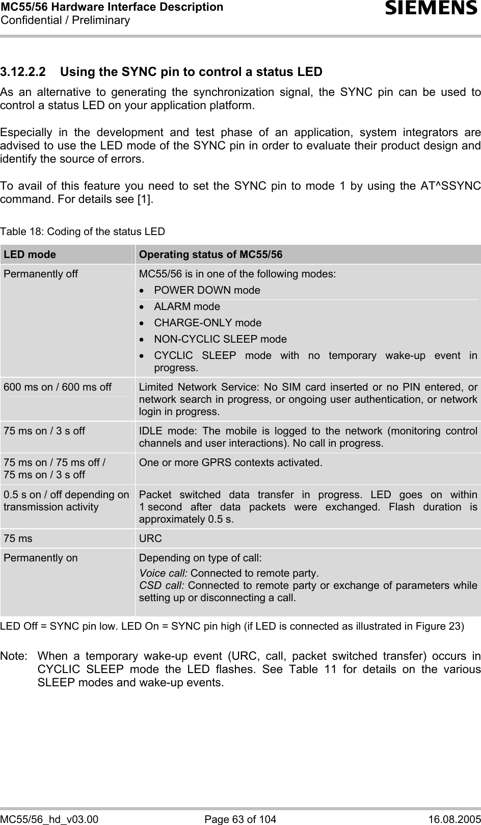 MC55/56 Hardware Interface Description Confidential / Preliminary s MC55/56_hd_v03.00  Page 63 of 104  16.08.2005 3.12.2.2  Using the SYNC pin to control a status LED  As an alternative to generating the synchronization signal, the SYNC pin can be used to control a status LED on your application platform.   Especially in the development and test phase of an application, system integrators are advised to use the LED mode of the SYNC pin in order to evaluate their product design and identify the source of errors.  To avail of this feature you need to set the SYNC pin to mode 1 by using the AT^SSYNC command. For details see [1].   Table 18: Coding of the status LED LED mode  Operating status of MC55/56 Permanently off  MC55/56 is in one of the following modes:  •  POWER DOWN mode • ALARM mode • CHARGE-ONLY mode •  NON-CYCLIC SLEEP mode •  CYCLIC SLEEP mode with no temporary wake-up event in progress. 600 ms on / 600 ms off  Limited Network Service: No SIM card inserted or no PIN entered, or network search in progress, or ongoing user authentication, or network login in progress. 75 ms on / 3 s off  IDLE mode: The mobile is logged to the network (monitoring control channels and user interactions). No call in progress. 75 ms on / 75 ms off /  75 ms on / 3 s off One or more GPRS contexts activated. 0.5 s on / off depending on transmission activity  Packet switched data transfer in progress. LED goes on within 1 second after data packets were exchanged. Flash duration is approximately 0.5 s.  75 ms  URC Permanently on  Depending on type of call: Voice call: Connected to remote party. CSD call: Connected to remote party or exchange of parameters while setting up or disconnecting a call.  LED Off = SYNC pin low. LED On = SYNC pin high (if LED is connected as illustrated in Figure 23)  Note:   When a temporary wake-up event (URC, call, packet switched transfer) occurs in CYCLIC SLEEP mode the LED flashes. See Table 11 for details on the various SLEEP modes and wake-up events.   