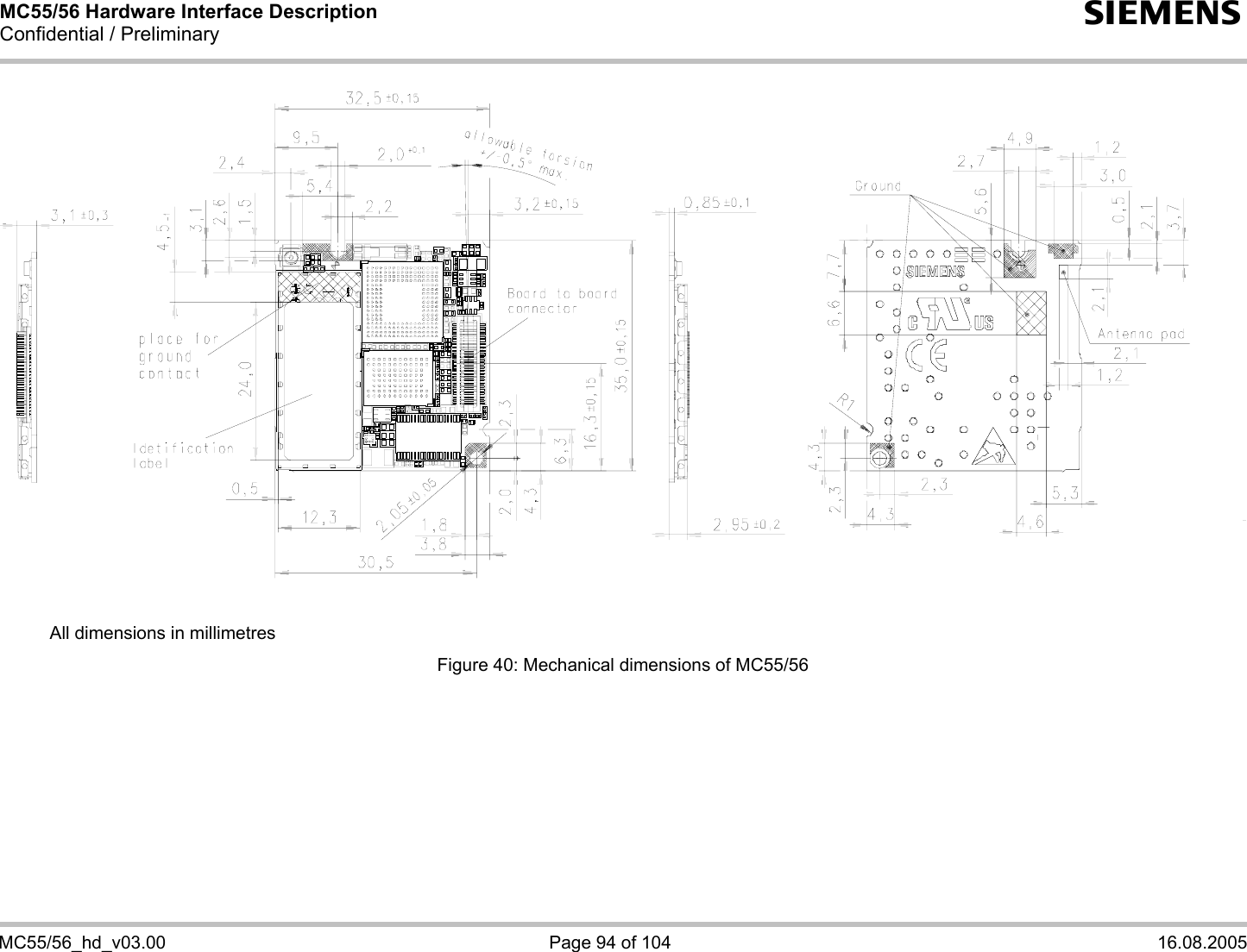 MC55/56 Hardware Interface Description Confidential / Preliminary s   MC55/56_hd_v03.00  Page 94 of 104  16.08.2005       All dimensions in millimetres Figure 40: Mechanical dimensions of MC55/56   