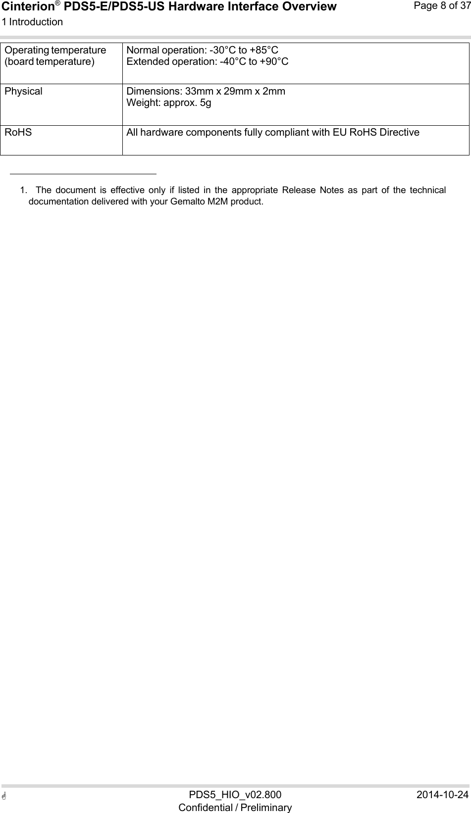  PDS5_HIO_v02.800Confidential / Preliminary2014-10-24Cinterion®  PDS5-E/PDS5-US Hardware Interface Overview1 Introduction Page 8 of 37  Operating temperature (board temperature) Normal operation: -30°C to +85°C Extended operation: -40°C to +90°C Physical Dimensions: 33mm x 29mm x 2mm Weight: approx. 5g RoHS All hardware components fully compliant with EU RoHS Directive     1.  The  document  is  effective  only  if  listed  in  the  appropriate  Release  Notes  as  part  of  the  technical documentation delivered with your Gemalto M2M product. 