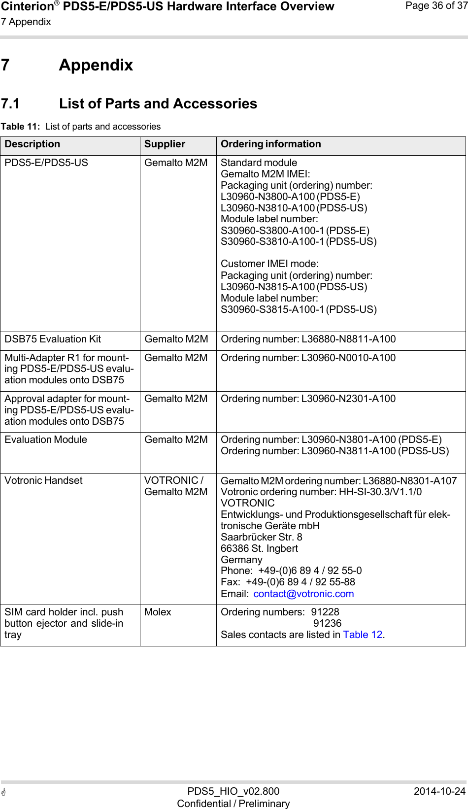  PDS5_HIO_v02.800Confidential / Preliminary2014-10-24Cinterion®  PDS5-E/PDS5-US Hardware Interface Overview7 Appendix Page 36 of 37   7 Appendix  7.1 List of Parts and Accessories Table 11:  List of parts and accessories  Description Supplier Ordering informationPDS5-E/PDS5-US Gemalto M2M Standard module Gemalto M2M IMEI: Packaging unit (ordering) number: L30960-N3800-A100 (PDS5-E) L30960-N3810-A100 (PDS5-US) Module label number: S30960-S3800-A100-1 (PDS5-E) S30960-S3810-A100-1 (PDS5-US)  Customer IMEI mode: Packaging unit (ordering) number: L30960-N3815-A100 (PDS5-US) Module label number: S30960-S3815-A100-1 (PDS5-US) DSB75 Evaluation Kit Gemalto M2M Ordering number: L36880-N8811-A100 Multi-Adapter R1 for mount- ing PDS5-E/PDS5-US evalu- ation modules onto DSB75 Gemalto M2M Ordering number: L30960-N0010-A100 Approval adapter for mount- ing PDS5-E/PDS5-US evalu- ation modules onto DSB75 Gemalto M2M Ordering number: L30960-N2301-A100 Evaluation Module Gemalto M2M Ordering number: L30960-N3801-A100 (PDS5-E) Ordering number: L30960-N3811-A100 (PDS5-US) Votronic Handset VOTRONIC / Gemalto M2MGemalto M2M ordering number: L36880-N8301-A107 Votronic ordering number: HH-SI-30.3/V1.1/0 VOTRONIC Entwicklungs- und Produktionsgesellschaft für elek- tronische Geräte mbH Saarbrücker Str. 8 66386 St. Ingbert Germany Phone:  +49-(0)6 89 4 / 92 55-0 Fax:  +49-(0)6 89 4 / 92 55-88 Email:  contact@votronic.com SIM card holder incl. push button ejector and slide-in tray Molex Ordering numbers:  91228 91236 Sales contacts are listed in Table 12. 