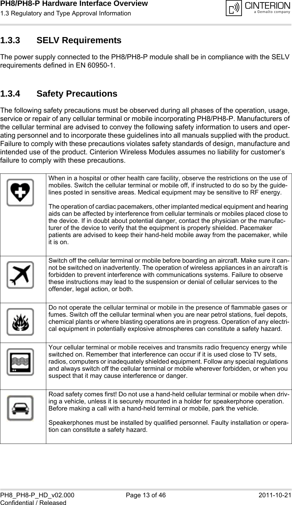 PH8/PH8-P Hardware Interface Overview1.3 Regulatory and Type Approval Information14PH8_PH8-P_HD_v02.000 Page 13 of 46 2011-10-21Confidential / Released1.3.3 SELV RequirementsThe power supply connected to the PH8/PH8-P module shall be in compliance with the SELV requirements defined in EN 60950-1.1.3.4 Safety PrecautionsThe following safety precautions must be observed during all phases of the operation, usage, service or repair of any cellular terminal or mobile incorporating PH8/PH8-P. Manufacturers of the cellular terminal are advised to convey the following safety information to users and oper-ating personnel and to incorporate these guidelines into all manuals supplied with the product. Failure to comply with these precautions violates safety standards of design, manufacture and intended use of the product. Cinterion Wireless Modules assumes no liability for customer&rsquo;s failure to comply with these precautions.When in a hospital or other health care facility, observe the restrictions on the use of mobiles. Switch the cellular terminal or mobile off, if instructed to do so by the guide-lines posted in sensitive areas. Medical equipment may be sensitive to RF energy.The operation of cardiac pacemakers, other implanted medical equipment and hearing aids can be affected by interference from cellular terminals or mobiles placed close to the device. If in doubt about potential danger, contact the physician or the manufac-turer of the device to verify that the equipment is properly shielded. Pacemaker patients are advised to keep their hand-held mobile away from the pacemaker, while it is on. Switch off the cellular terminal or mobile before boarding an aircraft. Make sure it can-not be switched on inadvertently. The operation of wireless appliances in an aircraft is forbidden to prevent interference with communications systems. Failure to observe these instructions may lead to the suspension or denial of cellular services to the offender, legal action, or both.Do not operate the cellular terminal or mobile in the presence of flammable gases or fumes. Switch off the cellular terminal when you are near petrol stations, fuel depots, chemical plants or where blasting operations are in progress. Operation of any electri-cal equipment in potentially explosive atmospheres can constitute a safety hazard.Your cellular terminal or mobile receives and transmits radio frequency energy while switched on. Remember that interference can occur if it is used close to TV sets, radios, computers or inadequately shielded equipment. Follow any special regulations and always switch off the cellular terminal or mobile wherever forbidden, or when you suspect that it may cause interference or danger.Road safety comes first! Do not use a hand-held cellular terminal or mobile when driv-ing a vehicle, unless it is securely mounted in a holder for speakerphone operation. Before making a call with a hand-held terminal or mobile, park the vehicle. Speakerphones must be installed by qualified personnel. Faulty installation or opera-tion can constitute a safety hazard.