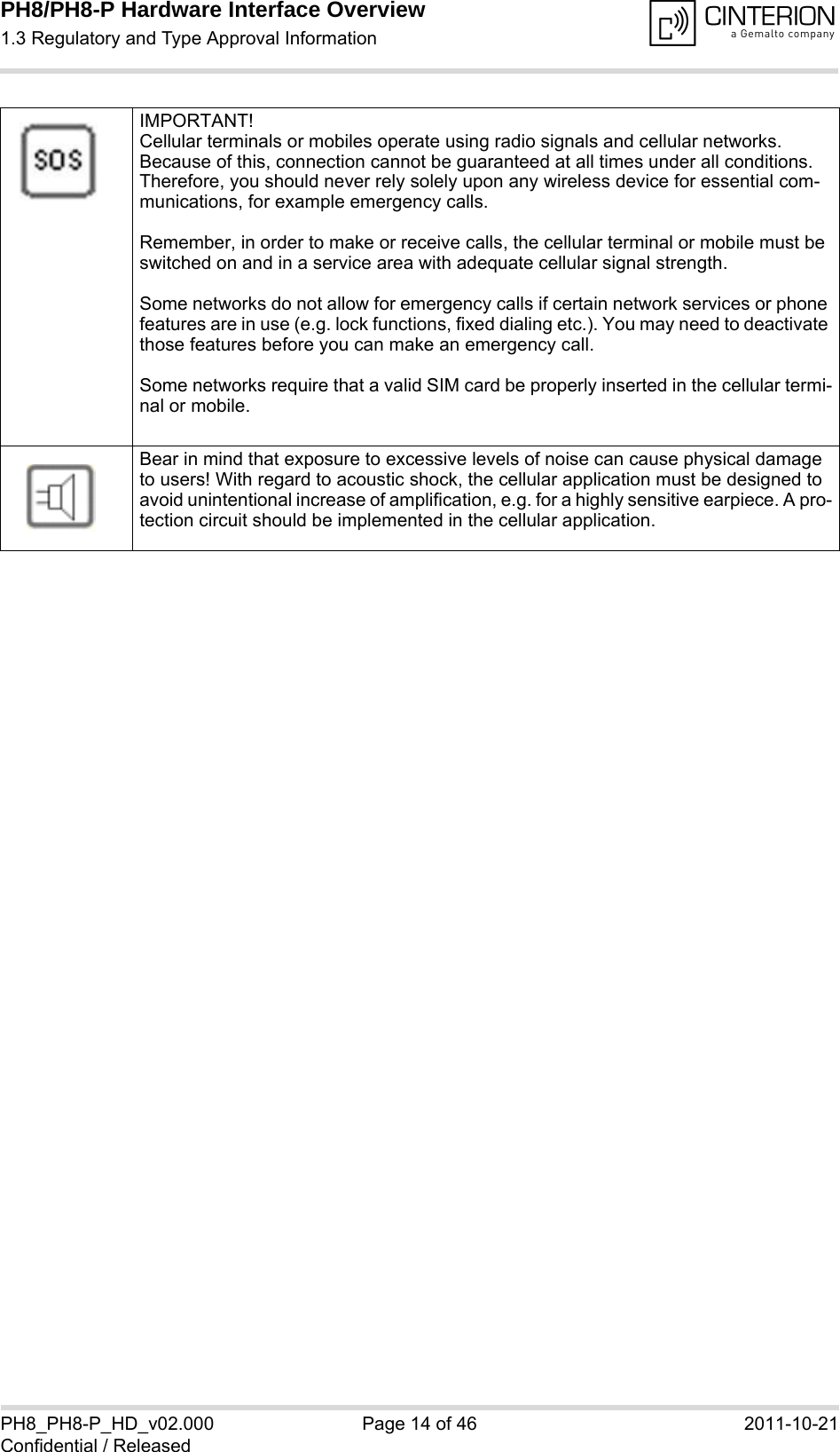PH8/PH8-P Hardware Interface Overview1.3 Regulatory and Type Approval Information14PH8_PH8-P_HD_v02.000 Page 14 of 46 2011-10-21Confidential / ReleasedIMPORTANT!Cellular terminals or mobiles operate using radio signals and cellular networks. Because of this, connection cannot be guaranteed at all times under all conditions. Therefore, you should never rely solely upon any wireless device for essential com-munications, for example emergency calls. Remember, in order to make or receive calls, the cellular terminal or mobile must be switched on and in a service area with adequate cellular signal strength.Some networks do not allow for emergency calls if certain network services or phone features are in use (e.g. lock functions, fixed dialing etc.). You may need to deactivate those features before you can make an emergency call.Some networks require that a valid SIM card be properly inserted in the cellular termi-nal or mobile.Bear in mind that exposure to excessive levels of noise can cause physical damage to users! With regard to acoustic shock, the cellular application must be designed to avoid unintentional increase of amplification, e.g. for a highly sensitive earpiece. A pro-tection circuit should be implemented in the cellular application.
