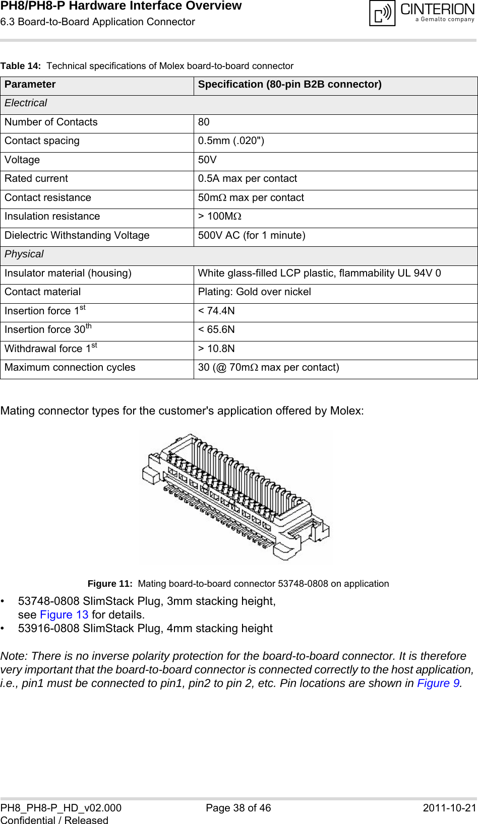 PH8/PH8-P Hardware Interface Overview6.3 Board-to-Board Application Connector40PH8_PH8-P_HD_v02.000 Page 38 of 46 2011-10-21Confidential / ReleasedMating connector types for the customer's application offered by Molex:Figure 11:  Mating board-to-board connector 53748-0808 on application&bull; 53748-0808 SlimStack Plug, 3mm stacking height, see Figure 13 for details.&bull; 53916-0808 SlimStack Plug, 4mm stacking heightNote: There is no inverse polarity protection for the board-to-board connector. It is therefore very important that the board-to-board connector is connected correctly to the host application, i.e., pin1 must be connected to pin1, pin2 to pin 2, etc. Pin locations are shown in Figure 9.Table 14:  Technical specifications of Molex board-to-board connectorParameter Specification (80-pin B2B connector)ElectricalNumber of Contacts 80Contact spacing 0.5mm (.020")Voltage 50VRated current 0.5A max per contactContact resistance 50m max per contactInsulation resistance > 100MDielectric Withstanding Voltage 500V AC (for 1 minute)PhysicalInsulator material (housing) White glass-filled LCP plastic, flammability UL 94V 0Contact material Plating: Gold over nickelInsertion force 1st < 74.4NInsertion force 30th < 65.6NWithdrawal force 1st > 10.8NMaximum connection cycles 30 (@ 70m max per contact)