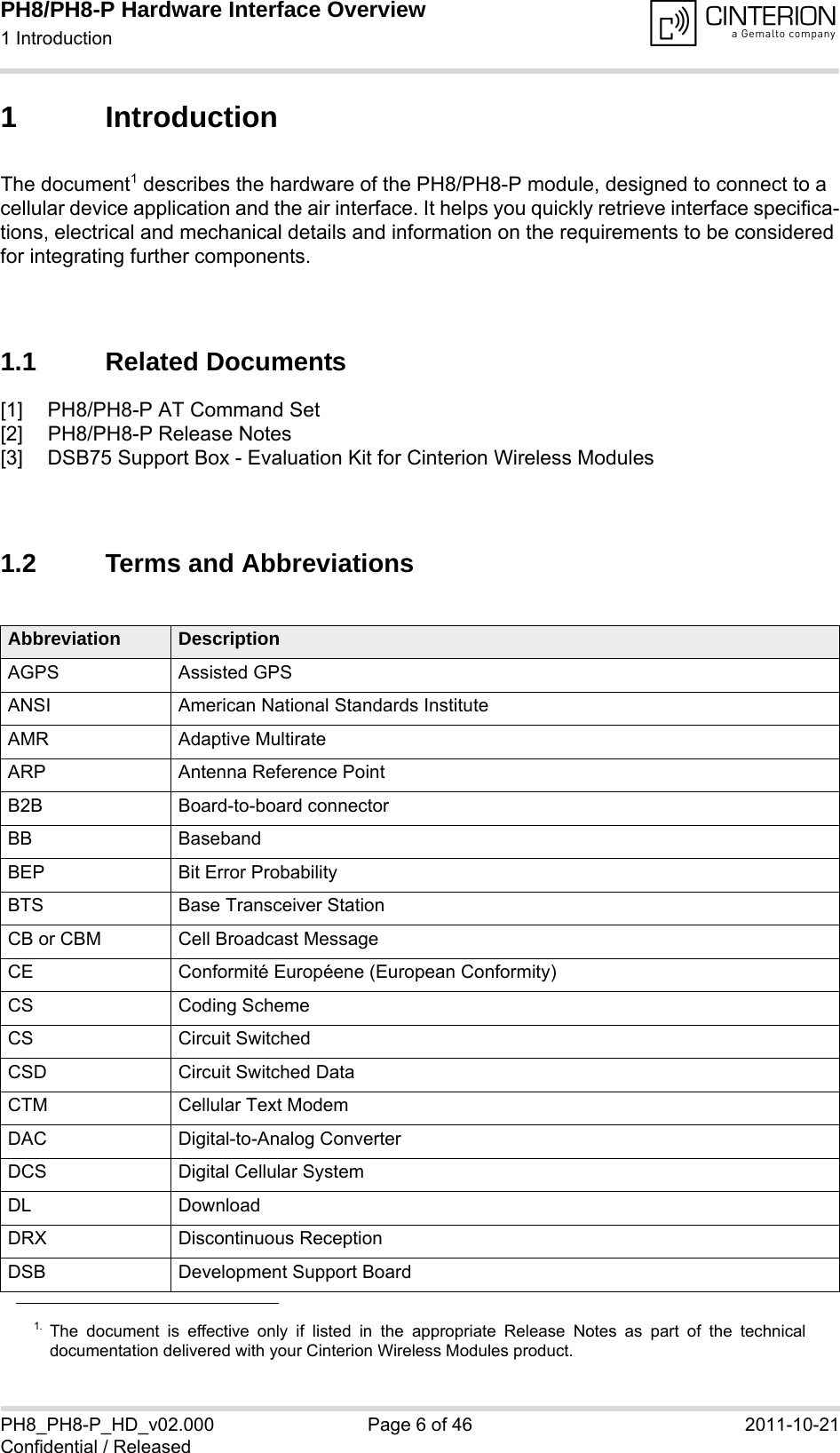 PH8/PH8-P Hardware Interface Overview1 Introduction14PH8_PH8-P_HD_v02.000 Page 6 of 46 2011-10-21Confidential / Released1 IntroductionThe document1 describes the hardware of the PH8/PH8-P module, designed to connect to a cellular device application and the air interface. It helps you quickly retrieve interface specifica-tions, electrical and mechanical details and information on the requirements to be considered for integrating further components.1.1 Related Documents[1] PH8/PH8-P AT Command Set[2] PH8/PH8-P Release Notes[3] DSB75 Support Box - Evaluation Kit for Cinterion Wireless Modules1.2 Terms and Abbreviations1. The document is effective only if listed in the appropriate Release Notes as part of the technicaldocumentation delivered with your Cinterion Wireless Modules product.Abbreviation DescriptionAGPS Assisted GPSANSI American National Standards InstituteAMR Adaptive MultirateARP Antenna Reference PointB2B Board-to-board connectorBB BasebandBEP Bit Error ProbabilityBTS Base Transceiver StationCB or CBM Cell Broadcast MessageCE Conformit&eacute; Europ&eacute;ene (European Conformity)CS Coding SchemeCS Circuit SwitchedCSD Circuit Switched DataCTM Cellular Text ModemDAC Digital-to-Analog ConverterDCS Digital Cellular SystemDL DownloadDRX Discontinuous ReceptionDSB Development Support Board